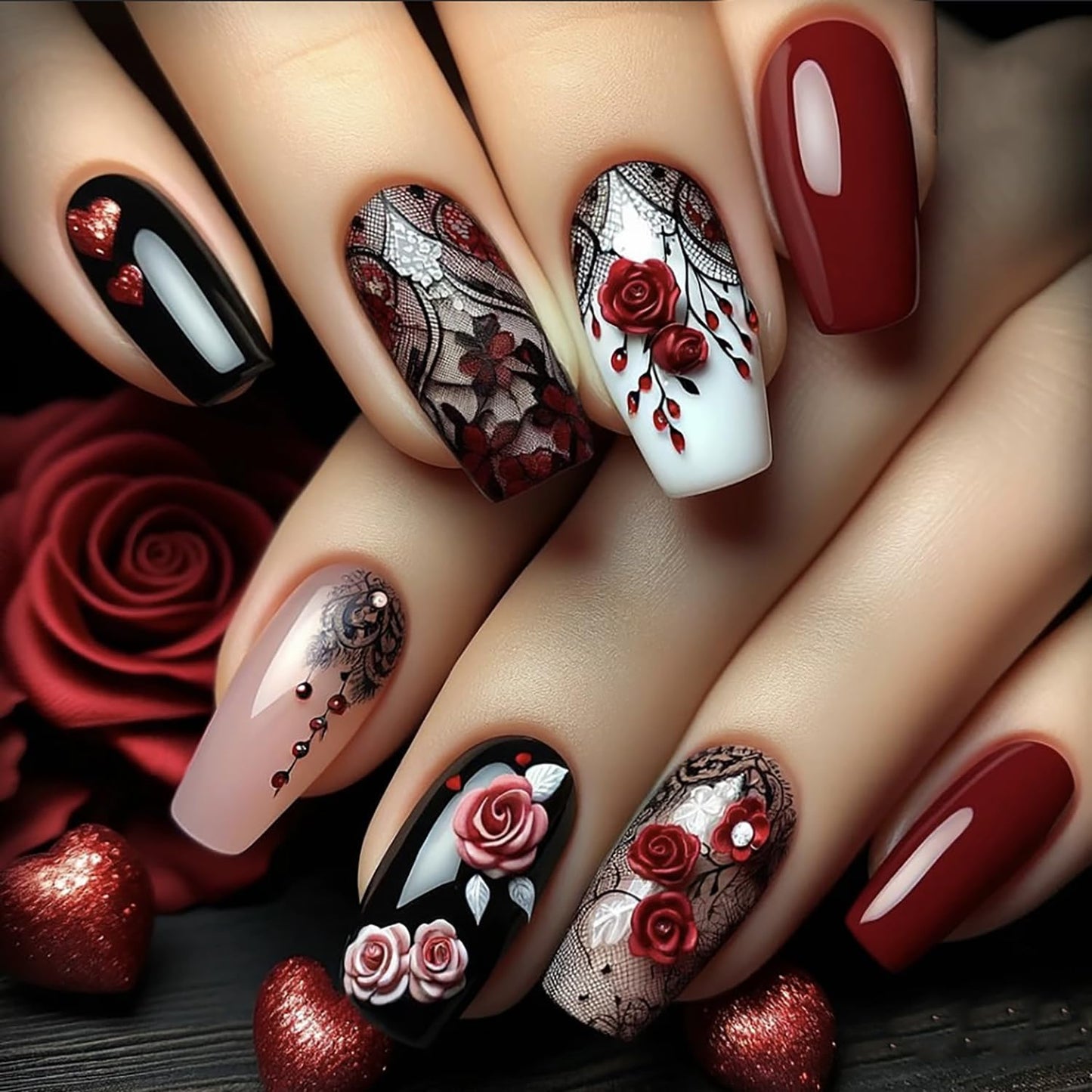 24Pcs Flower False Nails Red Press on Nails Medium Rose Flower Design Glossy Acrylic Nails Black Lace Fake Nails Valentine's Coffin Nails Heart Stick on Nails Full Cover Glue on Nails for Women