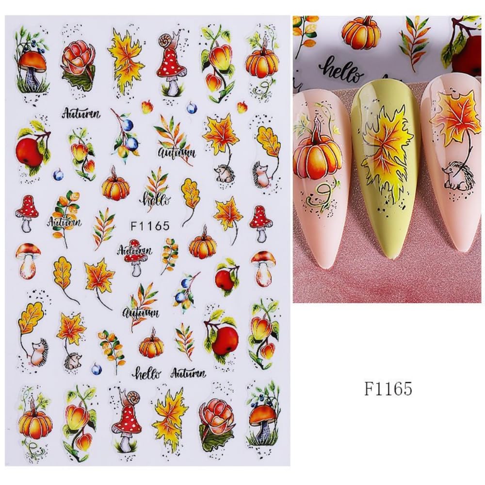 Fall Nail Stickers Mushroom Leaf Nail Art Stickers 3D Self Adhesive Maple Leaves Elk Nail Decals Autumn Thanksgiving Day Nail Art Supplies Orange Yellow Nail Design for Women 6 Sheets