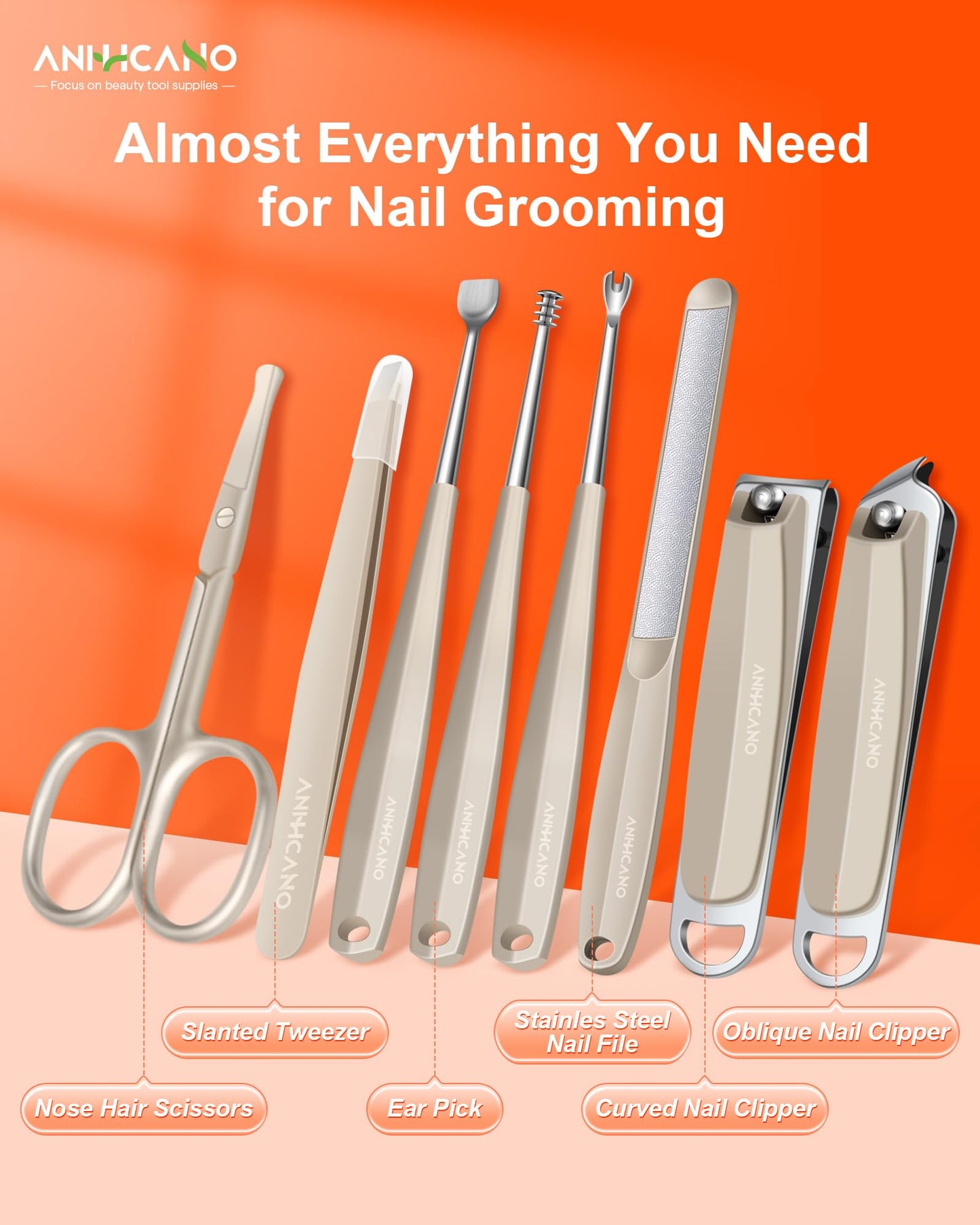 Manicure & Pedicure Kit for Men & Women, ANIHICANO 8-in-1 Premium Stainless Steel Personal Care Tools Set with PU Leather Case, Travel-Friendly for Home & Professional Use (Champagne)