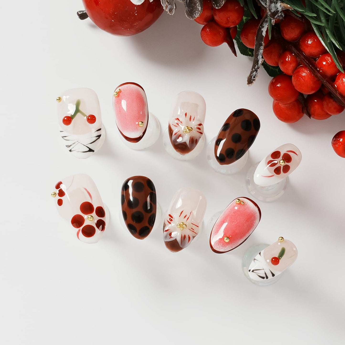Tesytto Handmade Short Almond Press on Nails - Leopard Print & Cherry Floral Design, Coffee Dot Glossy French Tip Reusable False Nails (Leopard Cherry Fun, L)