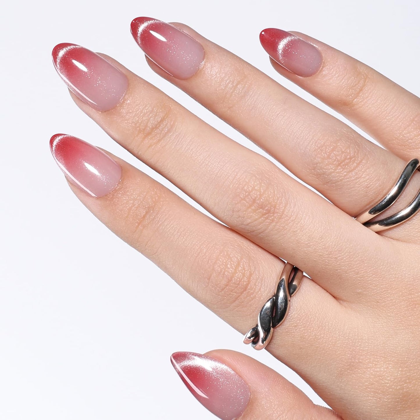 Ombre Red Cat Eye French Tip Press On Nails Almond - Pink Short Almond Fake Nails, Ombre Cateye Press On Nails Reusable Stick On Nails in 16 Sizes, 32pcs False Nail Kit for Women & Girls(Rosé)