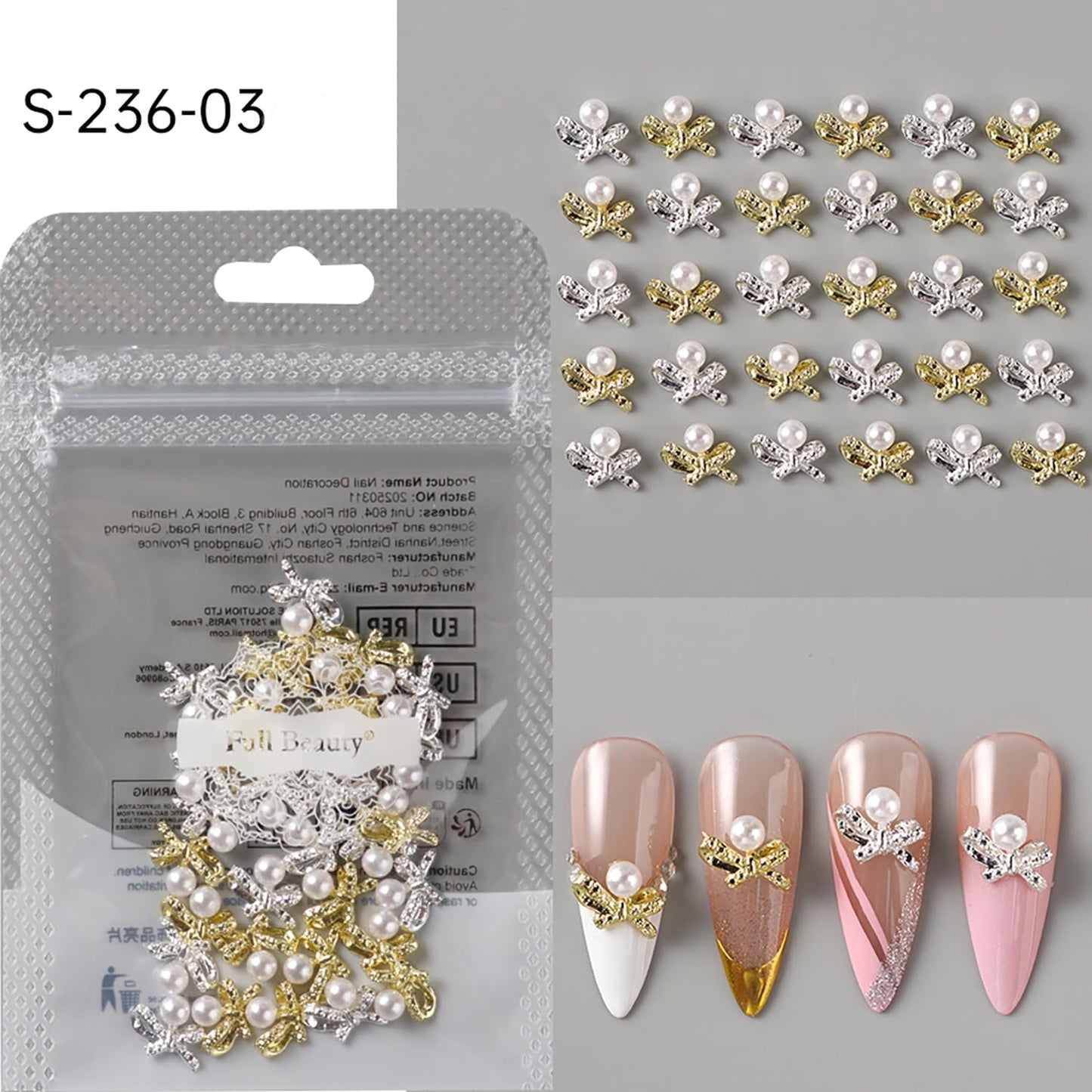 CJDLTS Bow with Pearl Nail Art Accessories Mix Stereo Matel Nails Decoration 30 Pcs Gold & Silver Sweet Bow with Pearl Nail Supplies Suitable Women Daily Manicure Decoration