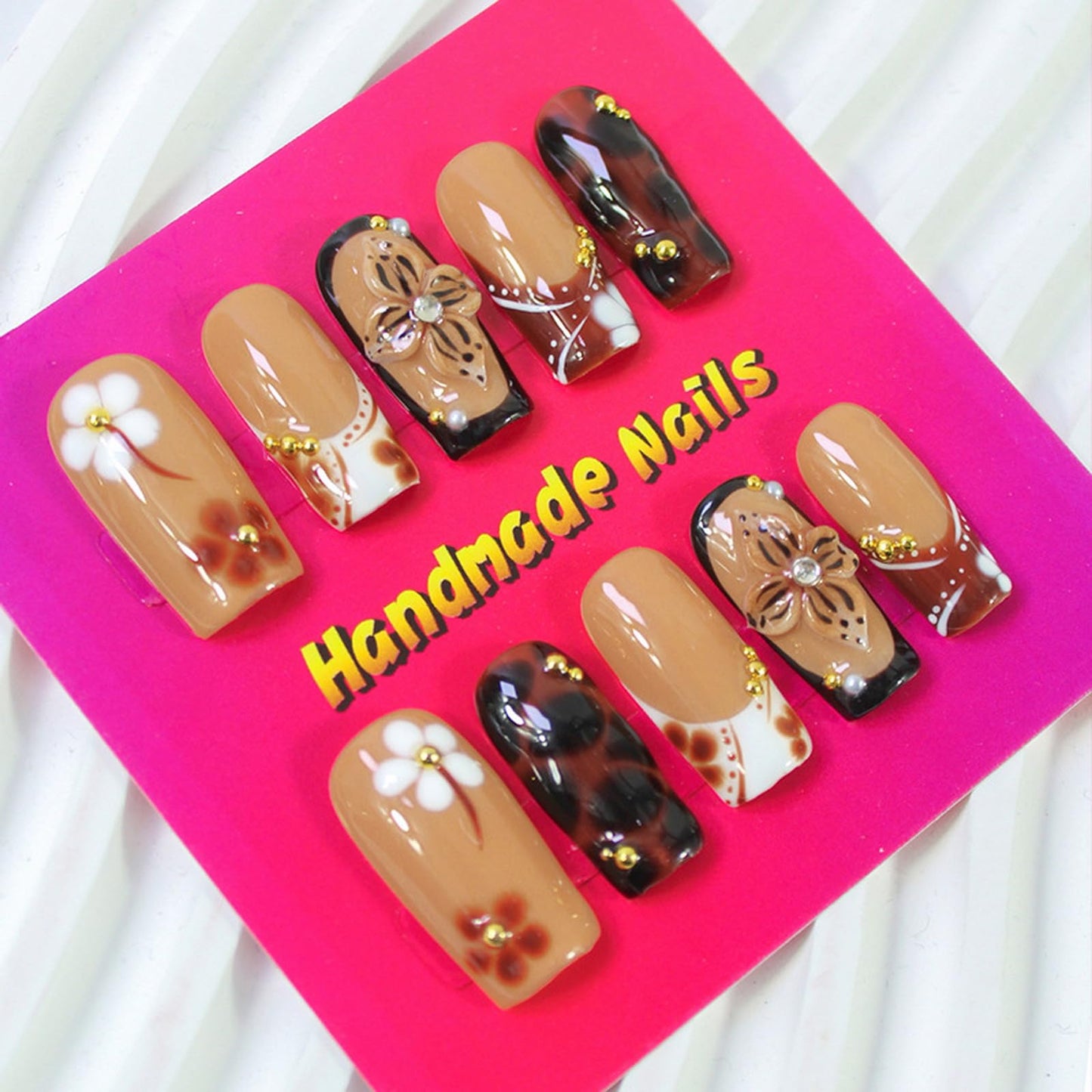 10Pcs Handmade Press on Nails Fall Coffin Fake Nails with 3D Flower Design Thick Acrylic and Muti-Layer Gel False Nails Handmade Nails Press ons Glossy Full Cover Stick on Nail for Women (S)