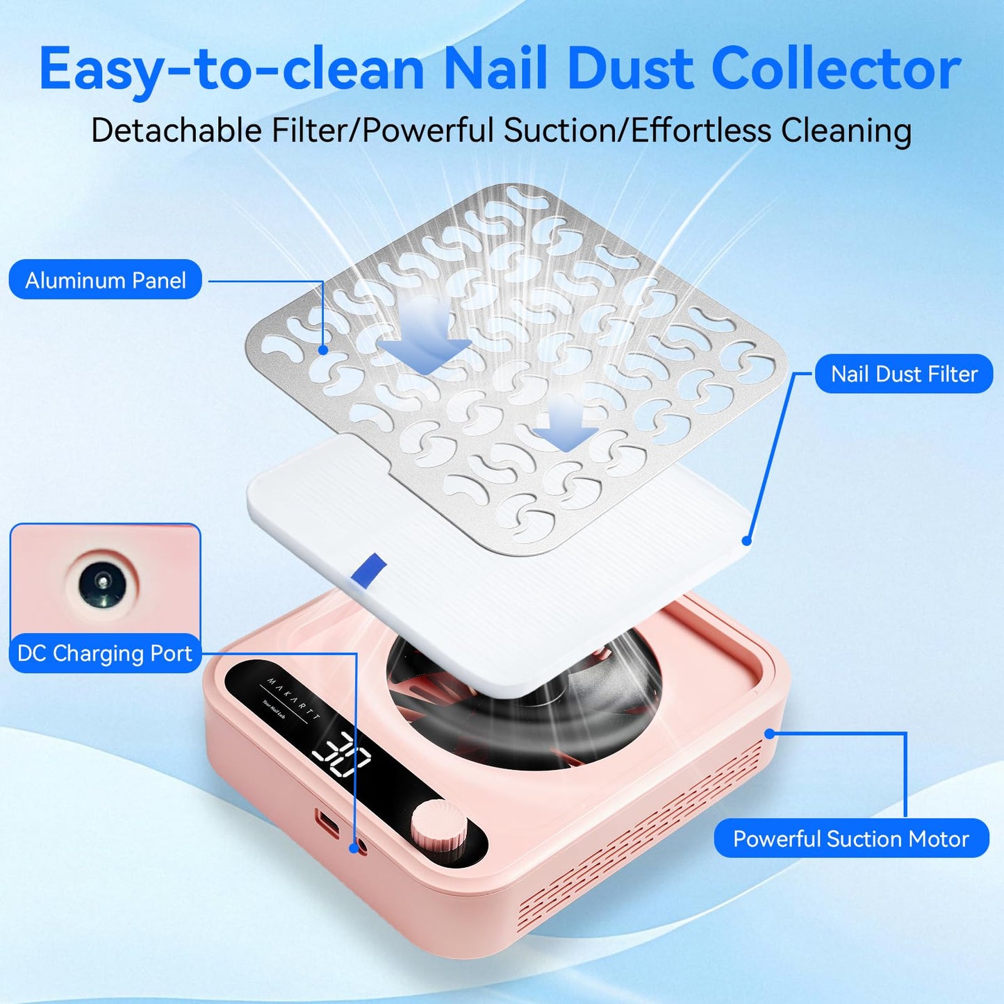 Makartt Nail Dust Collector - Professional Powerful Suction Larina Vacuum Fan Dust Cleaner with LED Display, Adjustable Speed, Reusable Filter for Acrylic Nails Polishing Manicure Salon Home Pink