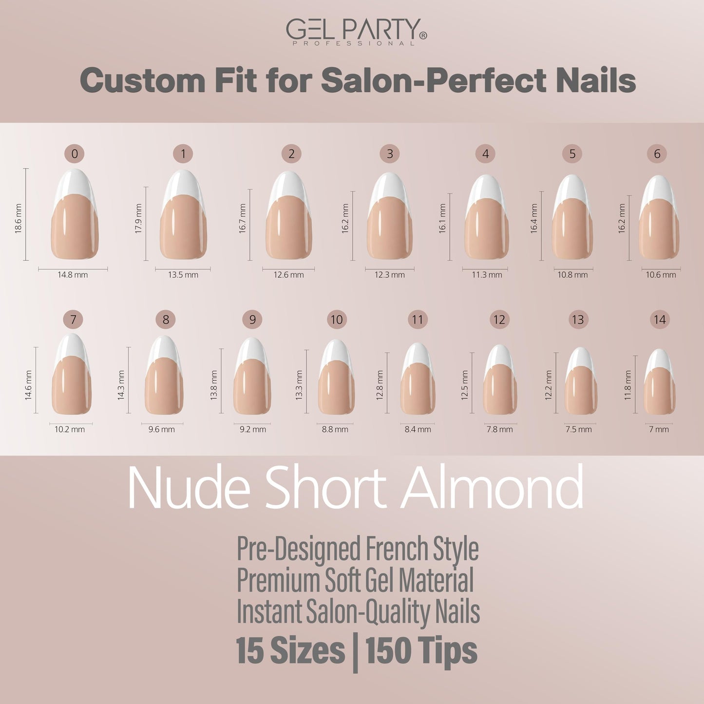 GELPARTY Soft Gel French Nail Tips – 150pcs, 15 Sizes, Pre-Shaped Nude Short Almond & Classic French Tips, Professional DIY Manicure, Long-Lasting & Easy Application