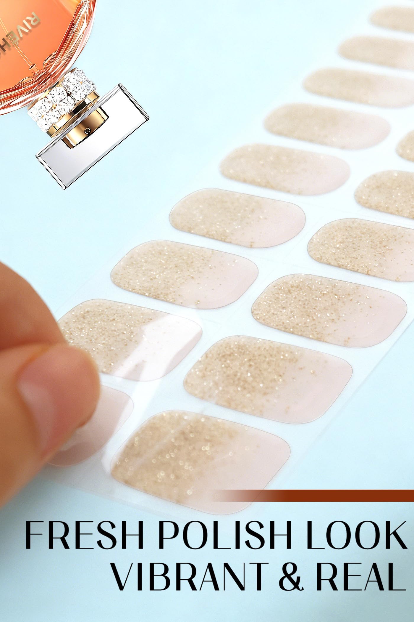 Gel Nail Strips 44Pcs, No UV/LED Lamps Needed, Pre-Cured Nail Stickers for Women Salon Quality, Polish Wraps Long Lasting, Easy Apply & Remove (Gold Pink)