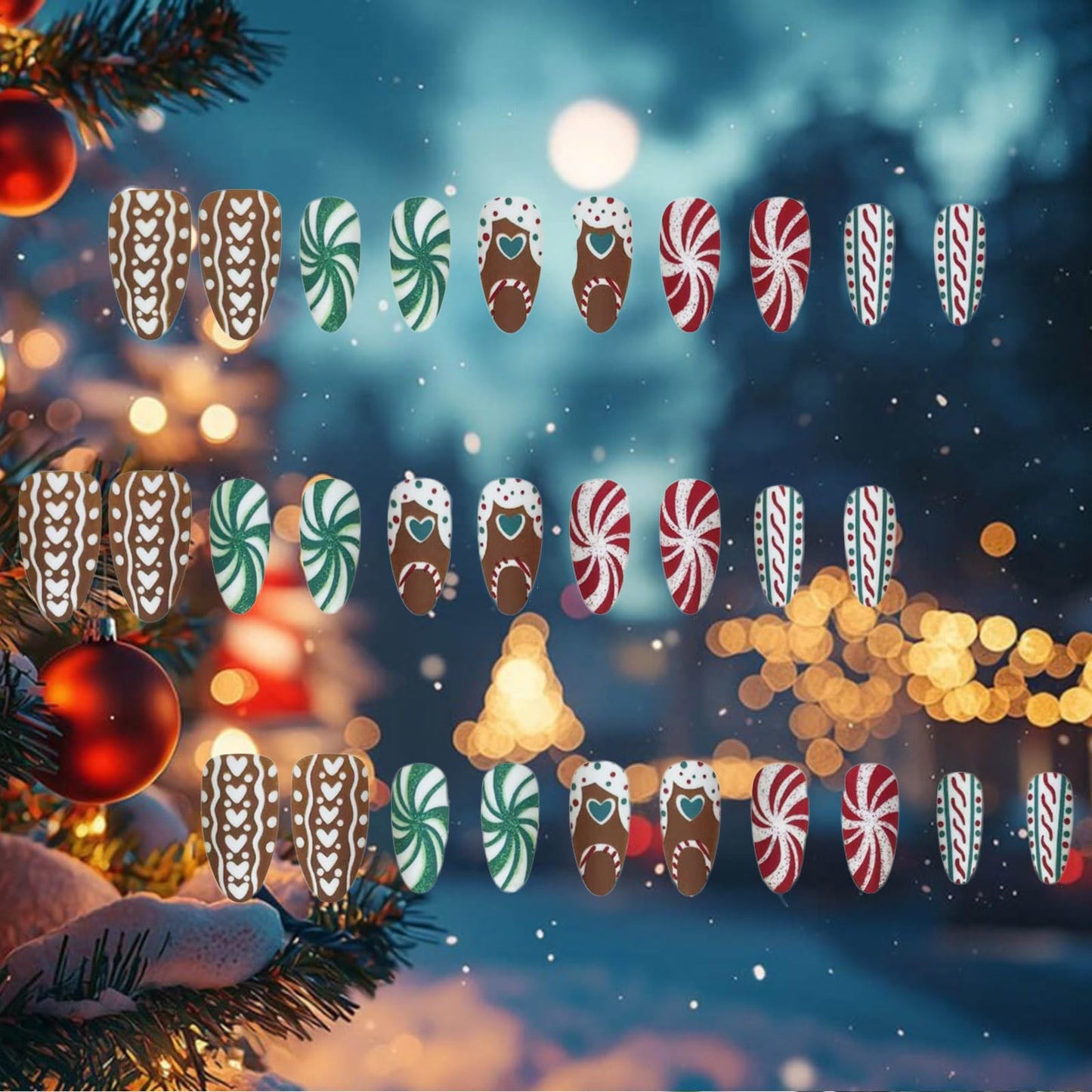 Christmas Press on Nails Swirl Medium Almond False Nails 24Pcs Love Heart Gel Glue on Nail Glossy Green Glitter Acrylic Fake Nail Candy Cane Stick on Fingernails for Women Xmas Gift
