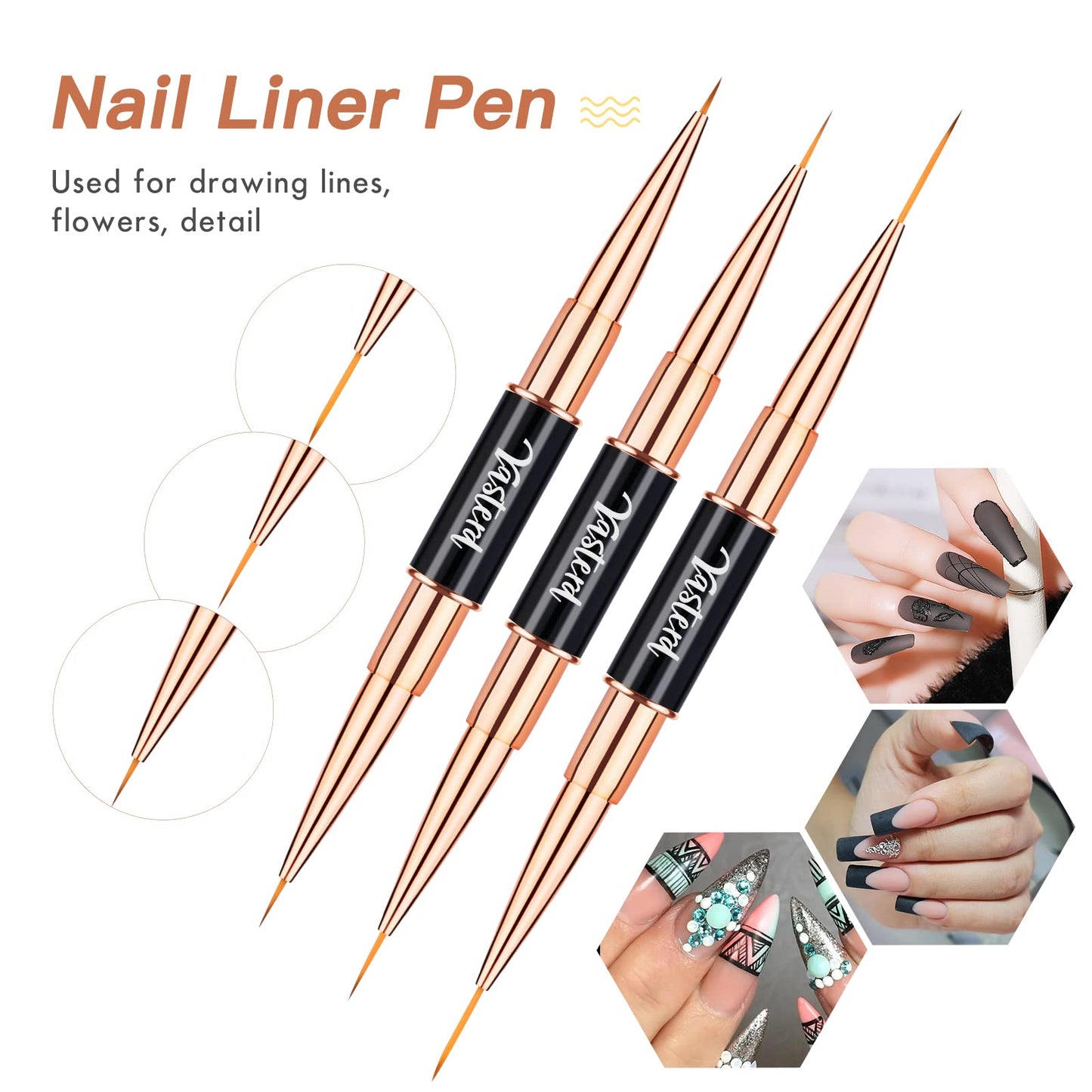 Yasterd Nail Art Brush Set Professional- 5pcs Double-Ended Nail Art Brushes for Long Lines, Thin Liner brush for Nails Detail, Nail Design Brush Ombre Brush 3D Brush Kits for Gel Polish Acrylic Nail Drawing