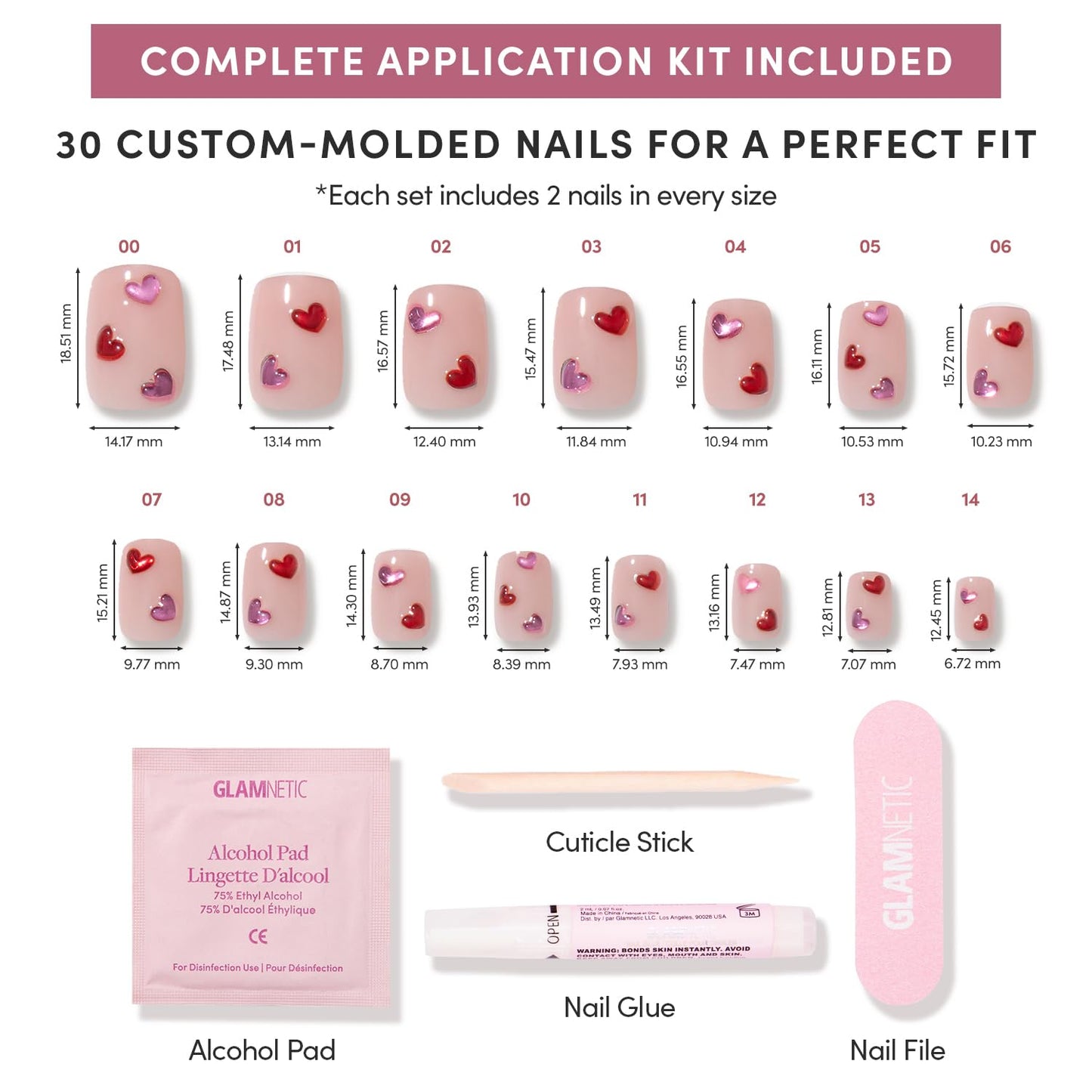 Glamnetic Press On Nails - Dear Lover | Short Squoval Fake Nails in Sheer Base with 3D Red & Pink Gemstone Heart Designs in a Glossy Finish | 15 Sizes - 30 Nail Kit with Glue
