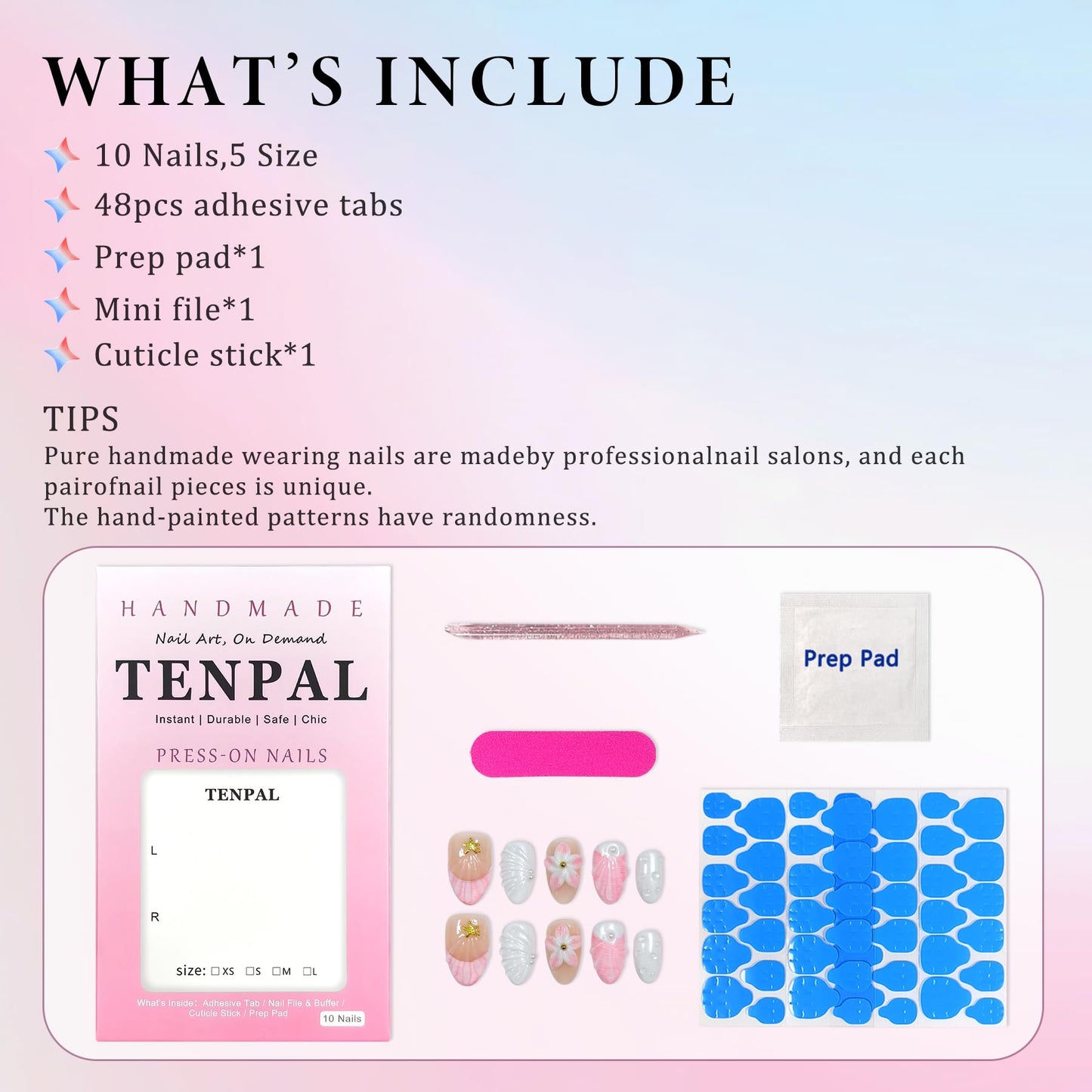 TENPAL Mermaid Press on Nails - Pink French Tips with 3D Shell & Pearl, Summer Floral & Handmade, Reusable Short Oval False Nails for Daily Glam(S)