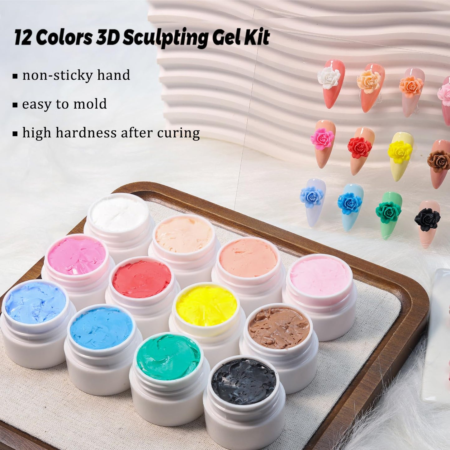 Fcozpjk 3D Sculpture Gel, 12 Colors Non-sticky Hand Builder Nail Gel Kit with Silicone Carving Pen Hard Gels for Nails Flowers Modeling Nail Clay Glue Painting Drawing Manicure Salon Supplies