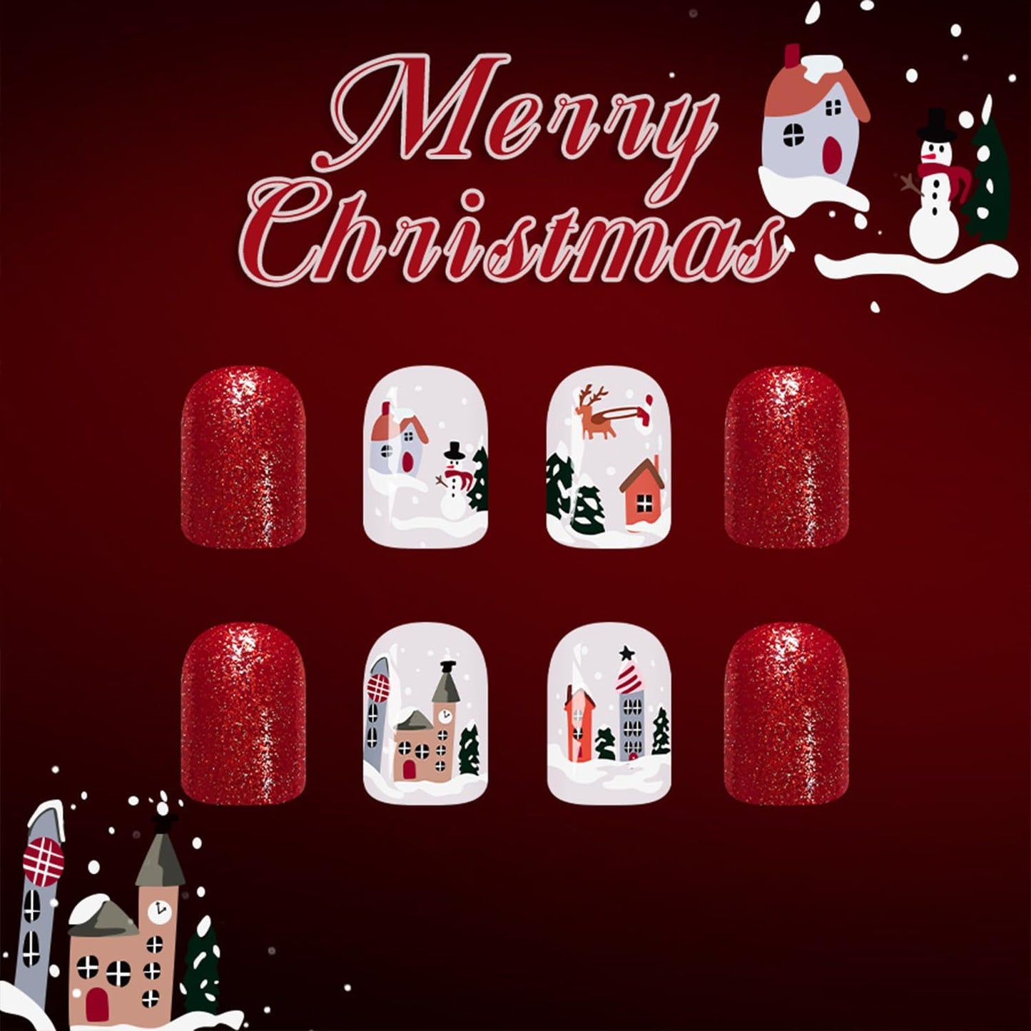 Christmas Press on Nails Short Square Fake Nails with Snow Snowman Designs Red Glue on Nails Glossy Acrylic Nail Cute WInter Stick on Nail for Women 24Pcs