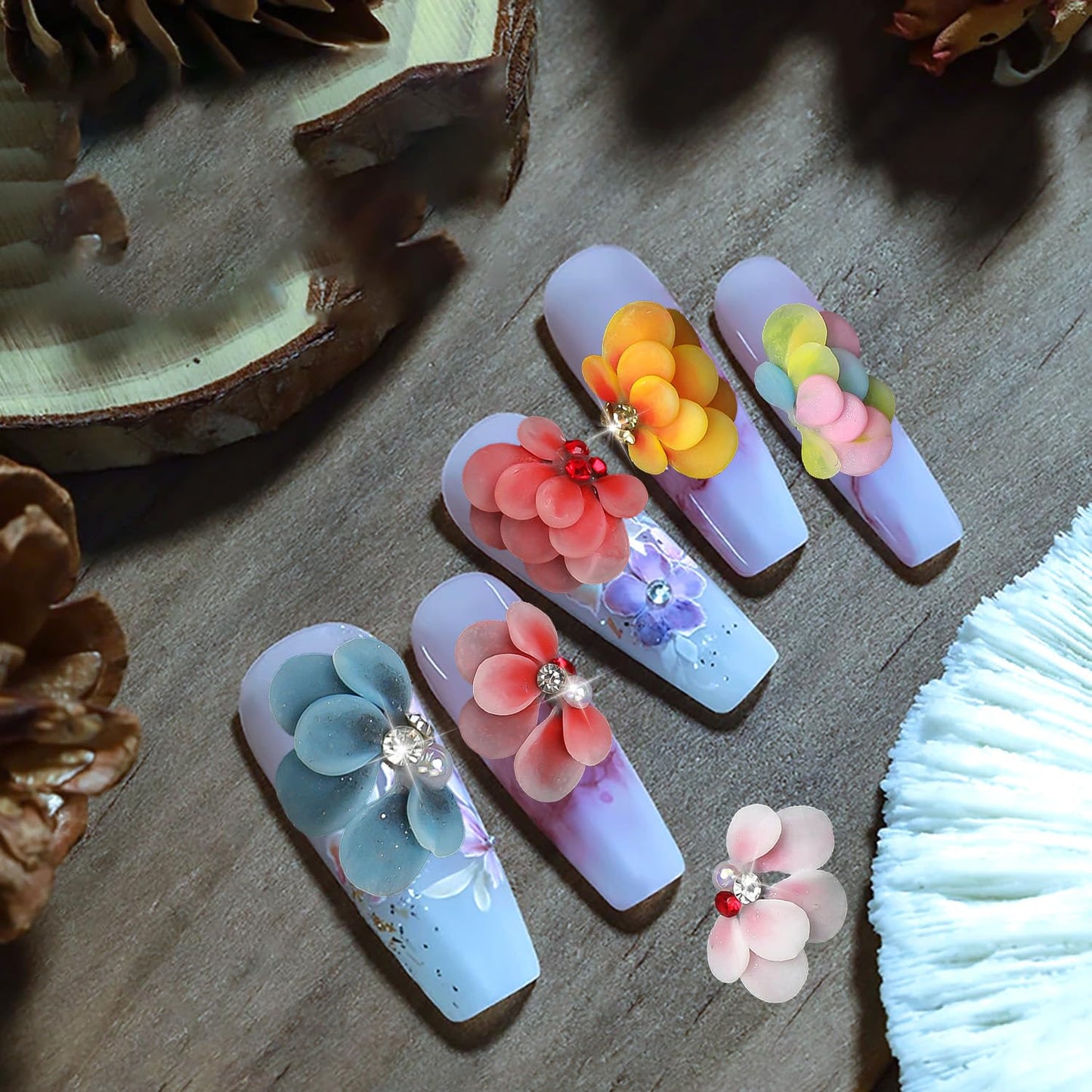 DANNEASY 12pcs 3D Flower for Nails Simulation Flowers Nail Charms Acrylic Nail Art Flowers with Pearls Rhinestones Charms for Nails Decor Resin Nail Decoration Craft Accessories