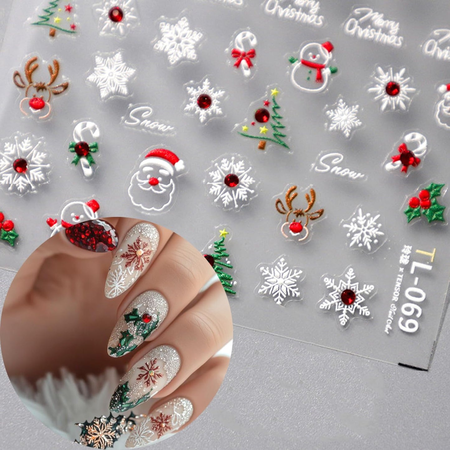 Christmas Nail Art Stickers Decals 5D Embossed Cute Santa Claus Snowman Nail Stickers Self-Adhesive Winter Snowflake Nail Decal with Red Rhinestones Charms Designs Nail Sticker for Women Nails Decor