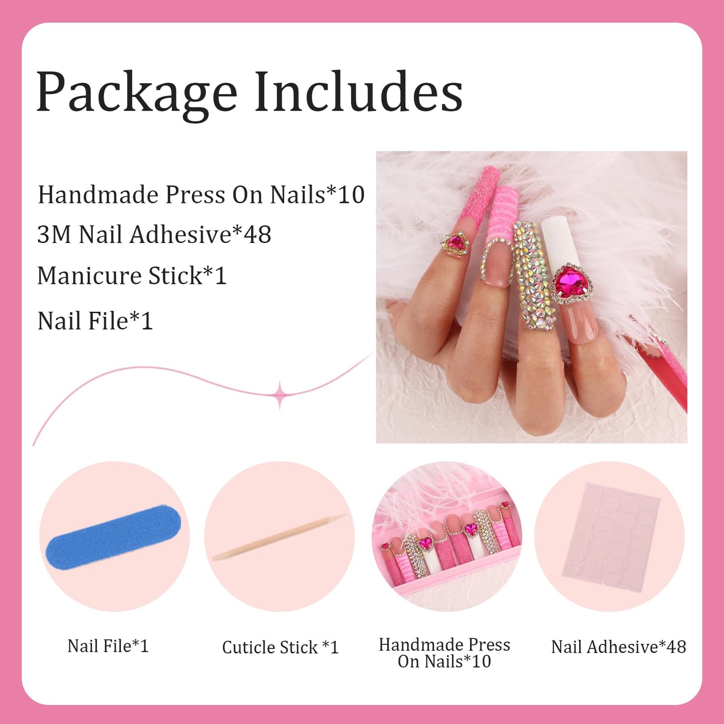 Handmade Long Acrylic Nail Tips, Pink Press on Nails with Full Covered Crystals, Fake Luxury Diamond Nails, Long Square False Nails, Gifts for Women, Reusable Stick On Nails 10Pcs,Bluish pink Size L