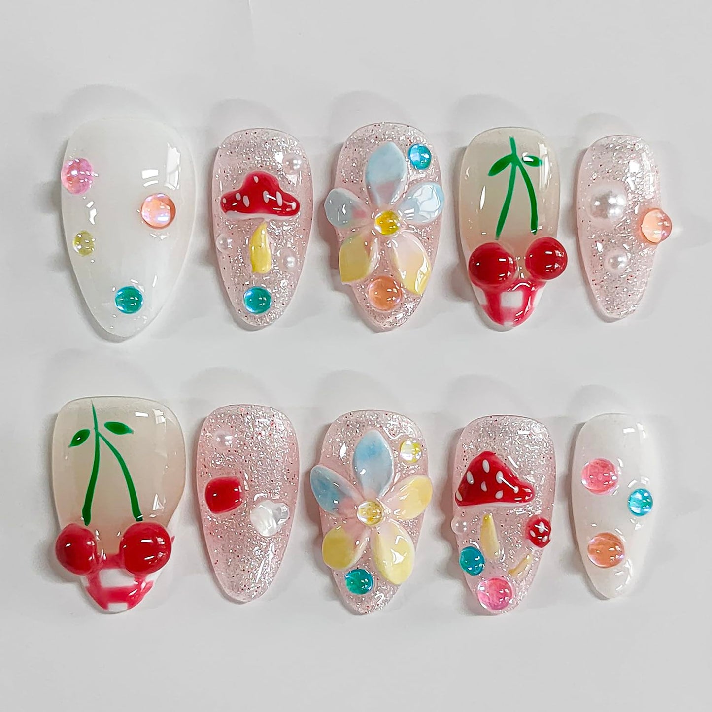 Handmade Press on Nails Almond Medium 3D Floral French Tip Thick Acrylic Fake Nails False Nails with Flower Mushroom Glitter Cherry Designs Cute Sturdy Nail Kawaii Art Press on Nails 10Pcs(S)