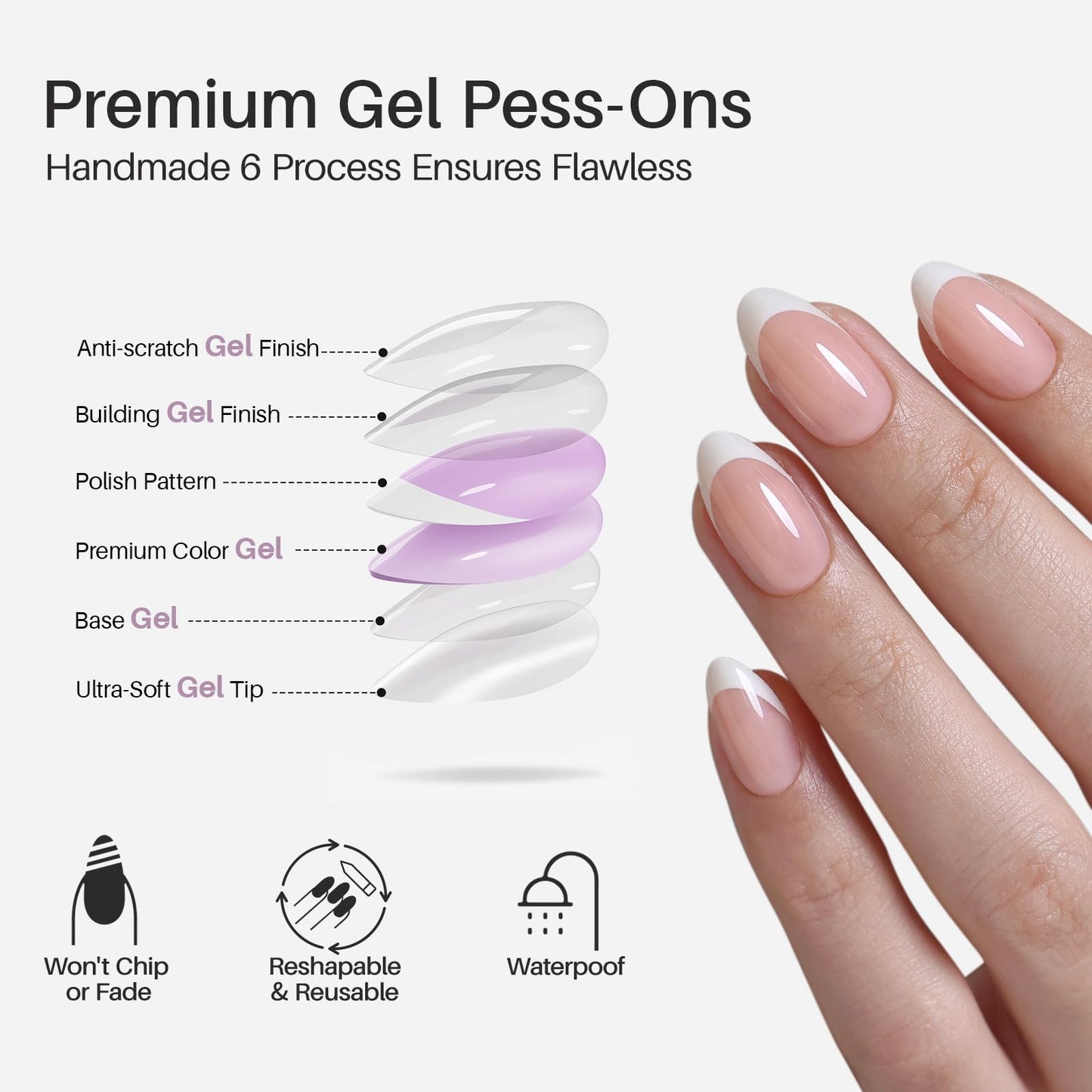 White French Tip Press on Nails Almond - SHANGMENG Glow in The Dark Short Nails for Women, Seamless Fit & Glossy Soft Gel Glue On Nails in 16 Sizes - 32 Fake Nails Kit with Glue, Moonlit Ballet