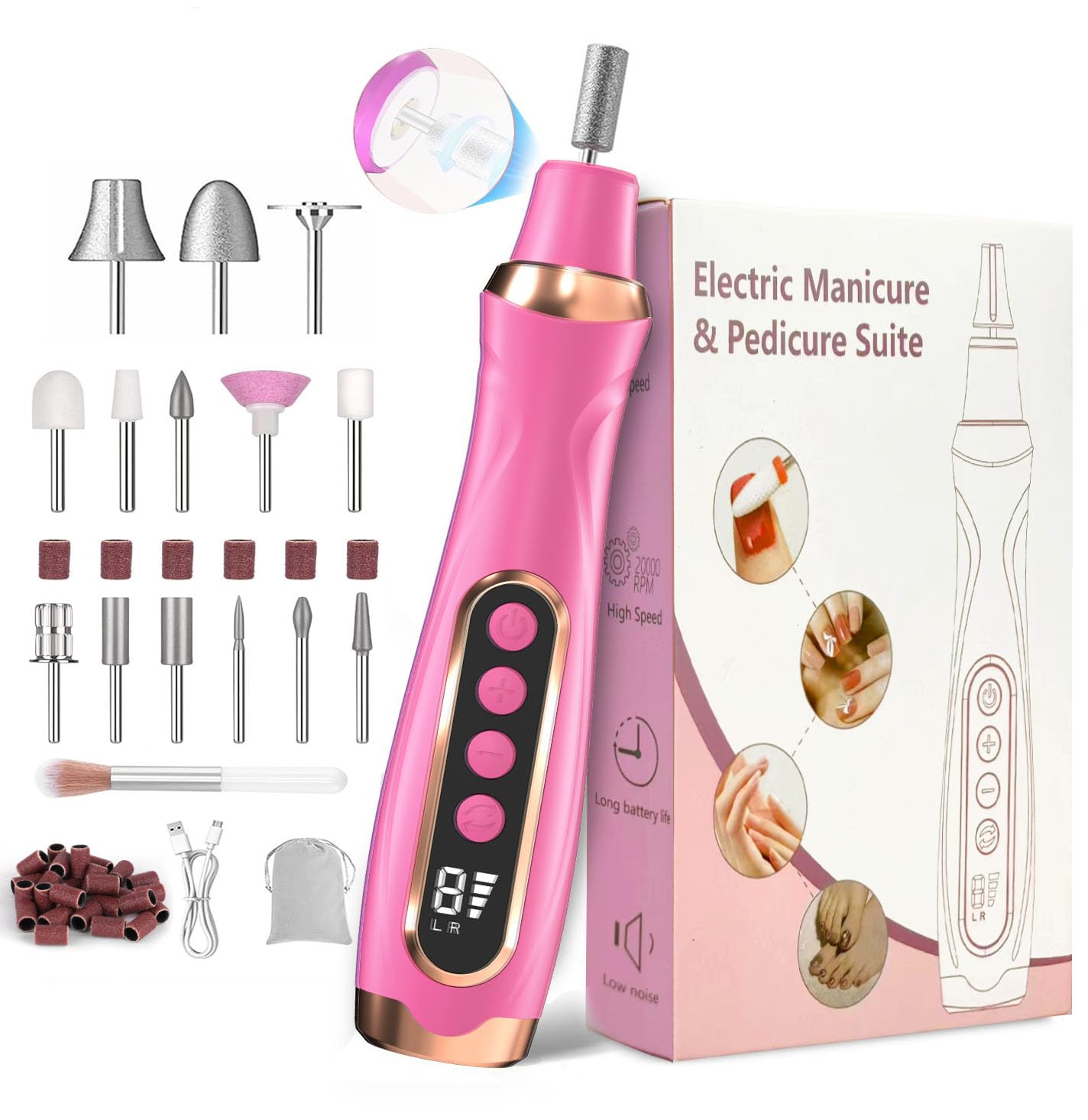HengYuaoler Professional Manicure Pedicure Kit Cordless Electric Nail File Set 6 Speed Cordless Nail Drill for Thick Nail Toenail Cuticle Hand Foot Care Nail Drill Tool(Rose)