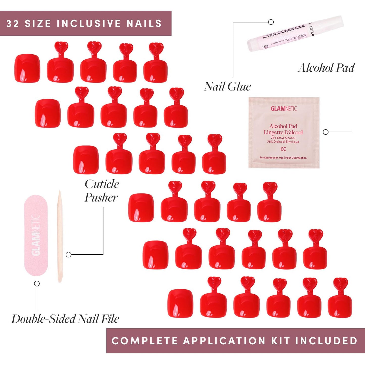 Glamnetic Press On Toenails - Fiery Red | Solid Opaque Red Fake Toe Nails with a Glossy Finish | 16 Sizes - 32 Toe Nail Kit with Glue