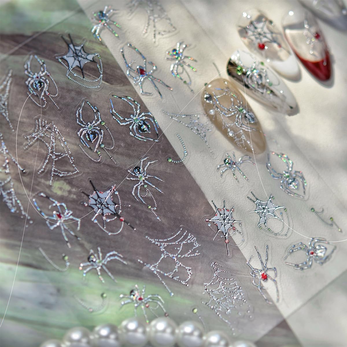 1 Sheets Halloween Nail Stickers for Nail Art 5D Gothic Spider Nail Art Stickers Decals Goth Metal Spider Web Nails Accessories Self-Adhesive Horror Halloween Nails Supplies for Women Nails Decor
