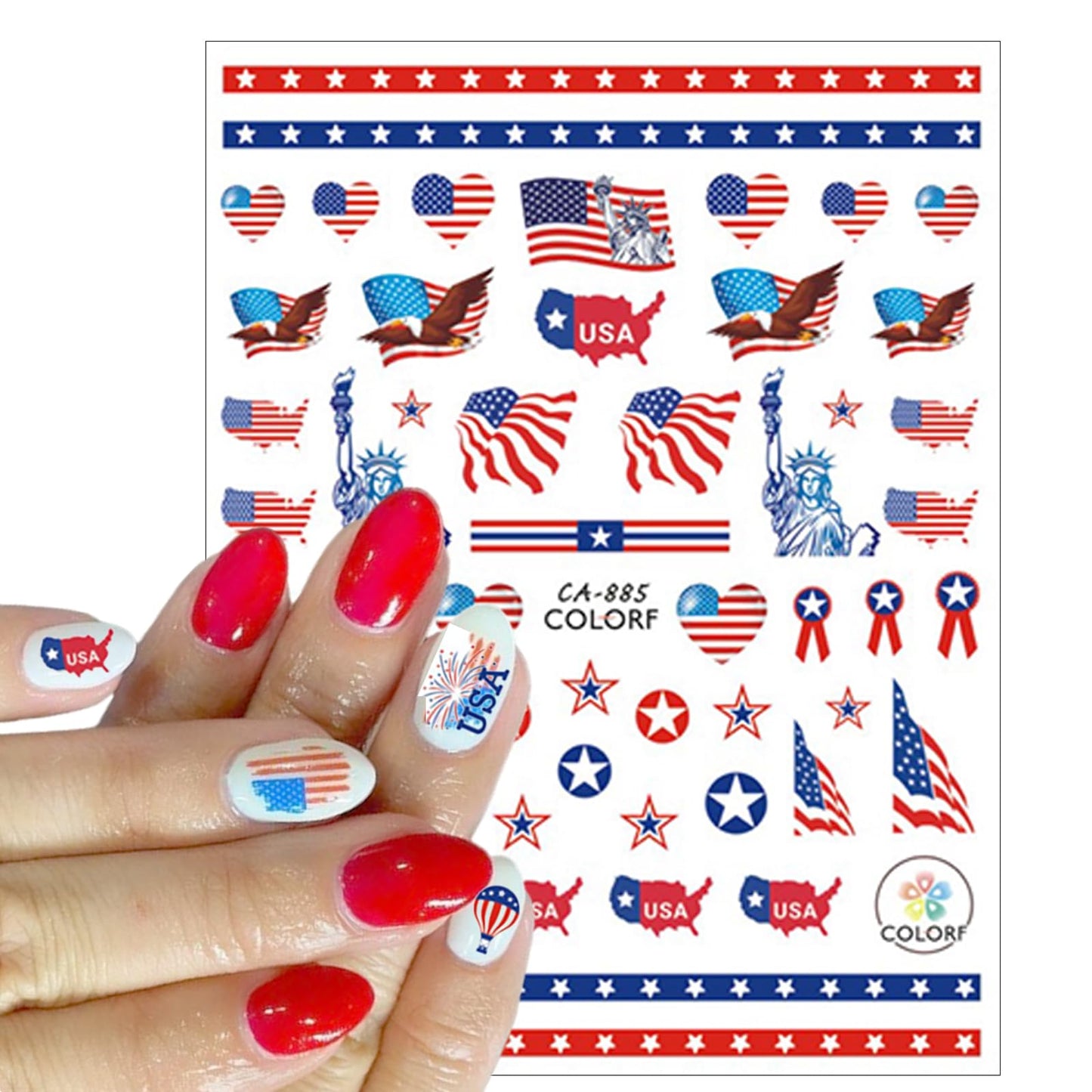 8Sheets 4th of July Nail Art Stickers American Flag Patriotic Nail Decals,3D Self-Adhesive Independence Day Nail Stickers Stars Stripes Eagle Nail Design Memorial Day Nail Supplies for girl Nail Decor