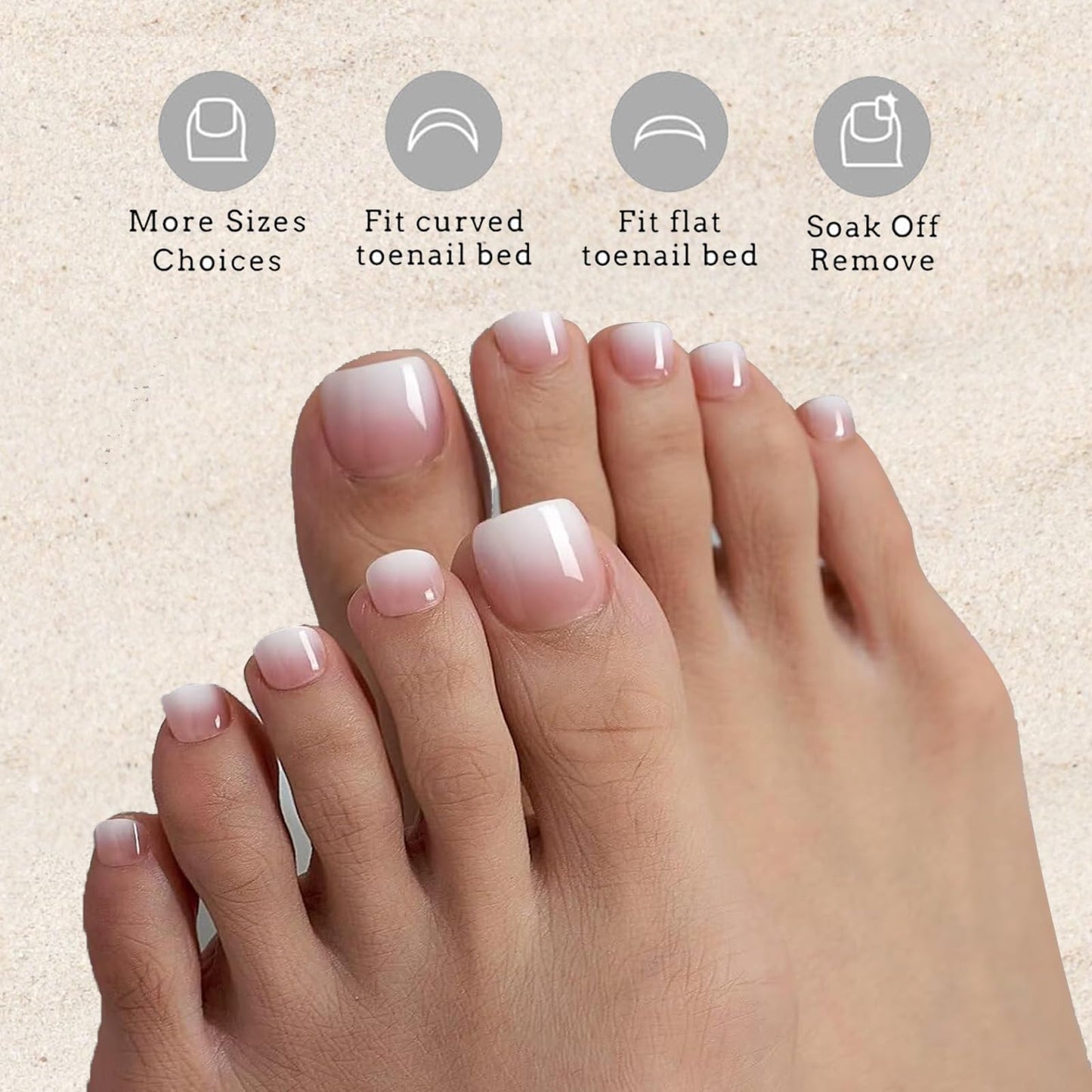 OPkssnails Press on Toenails Short,216Pcs Summer Pink Ombre Toenail Press Ons Square for Women,Soft Gel Toe Nail Tips, Light Weight & Fit Perfectly,Soak off Acrylic Fake Toe Nail Extensions 12 Sizes