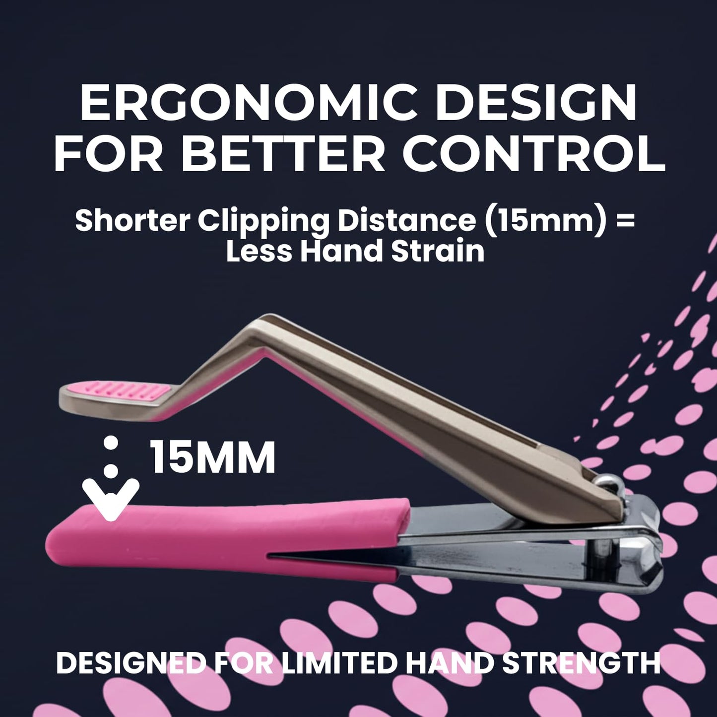 HANDCLASP Nail Clippers, Stylish, Comfortable for Seniors, Fingernails, Premium Stainless Steel, Curved Edge, Wide Jaw, Ergonomic, Thumb Rest, Comfort Cuts, Women, Men, Teens, Special Needs, (Pink)