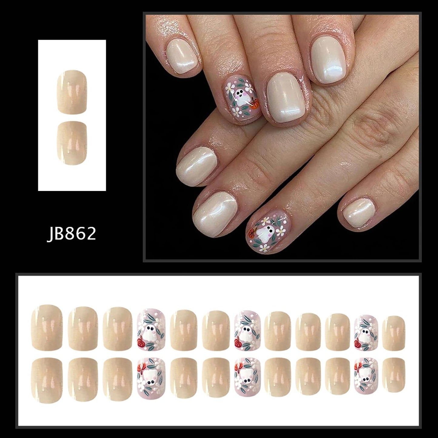 CJDLTS Halloween Press on Nails Short Square Cute Ghost False Nail Acrylic Artificial Fingernails Colorful Flowers Design Full Cover Glossy Festival Nude Stick on Nails for Women Supplies 24Pcs