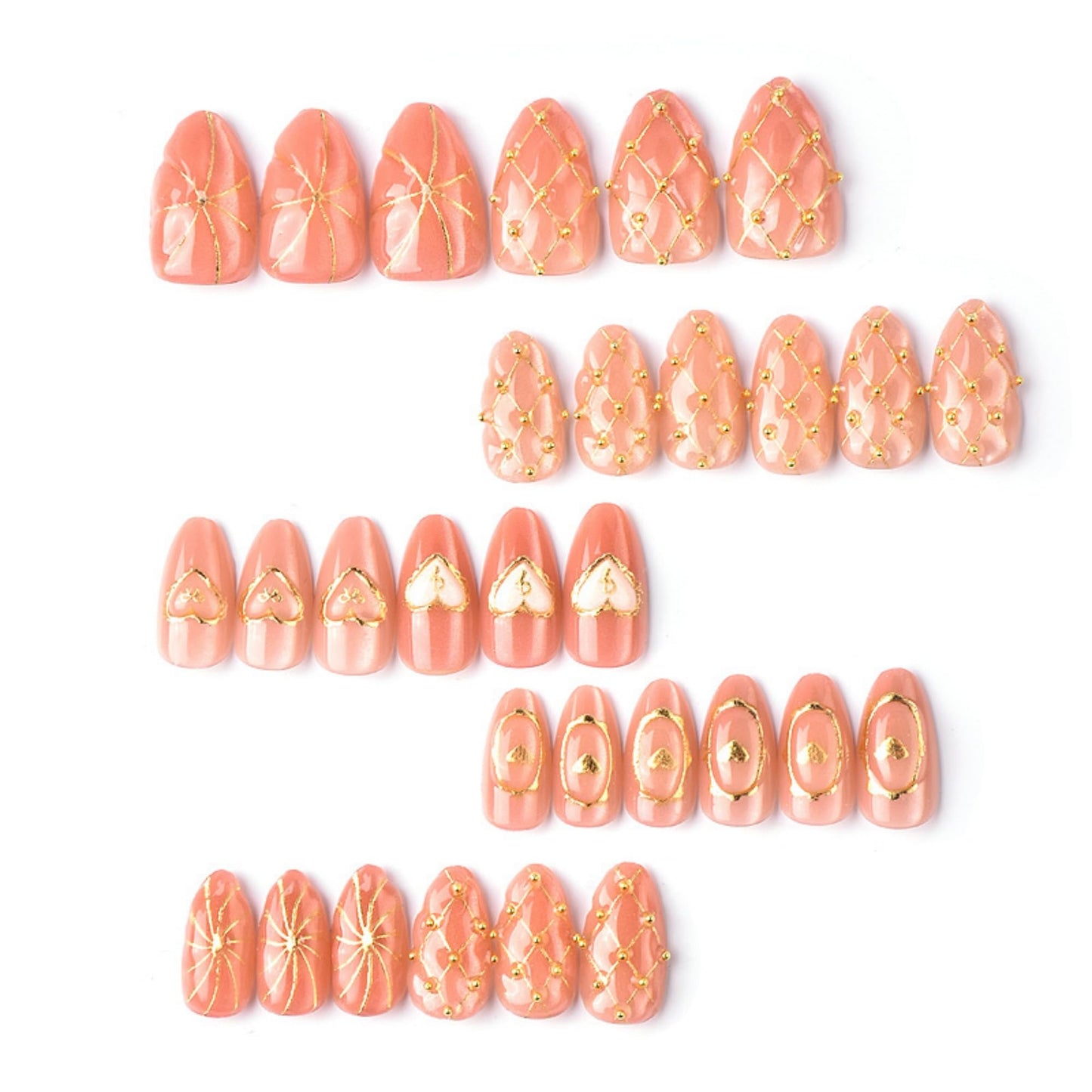 octoswave Press on Nails Medium Almond Fake Nails 3D Artificial Nail Glossy Gold Charm Stick on Nail for Women 30pcs