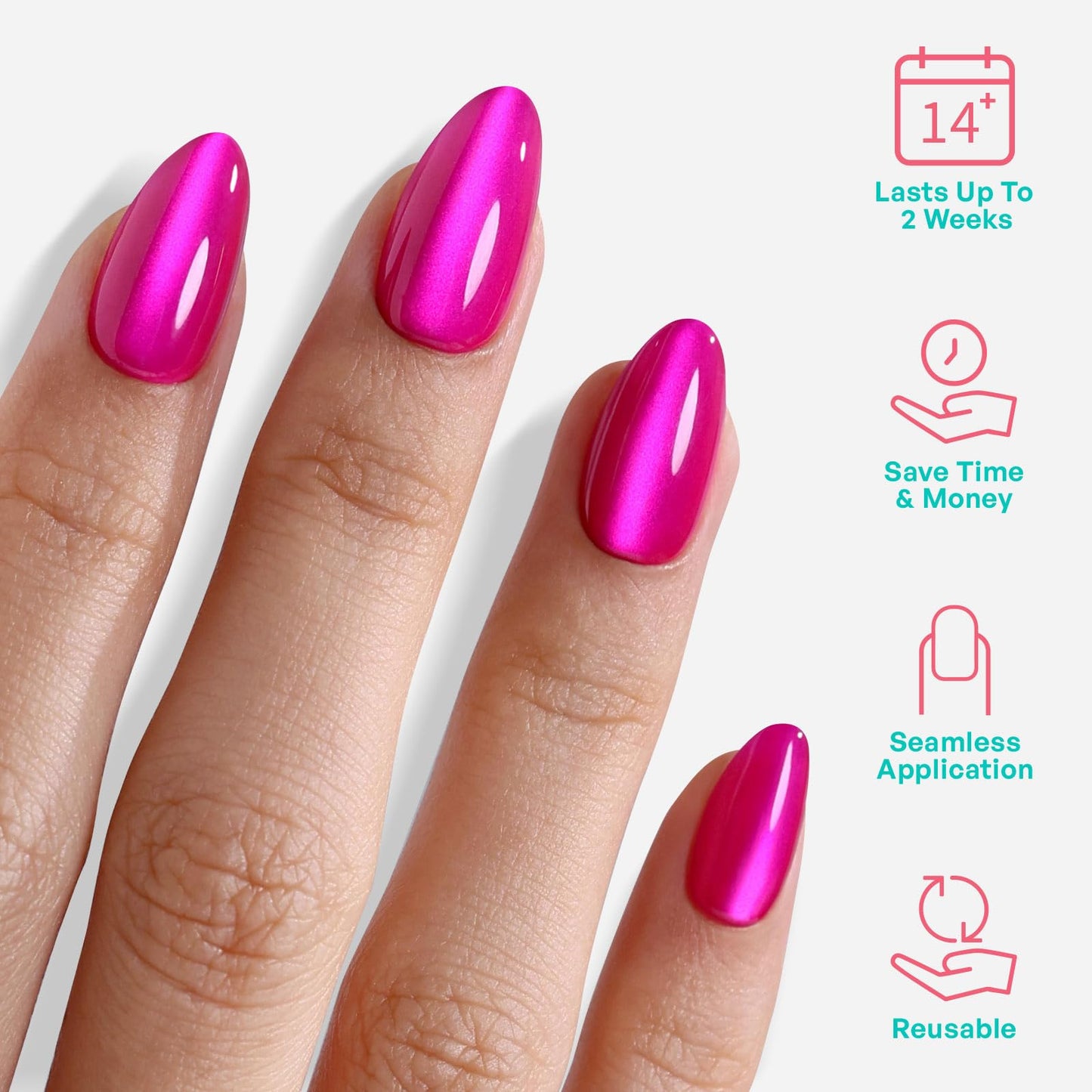 Hot Pink Almond Cat Eye Press on Nails - GJZEZ Soft Gel Short Fuchsia Glass Cateye Fall Stick on Nails Press Ons, Neon Pink Mauve Fake Nail | 16 Sizes - 32 pcs Reusable Prom False Nail, Magenta Rose