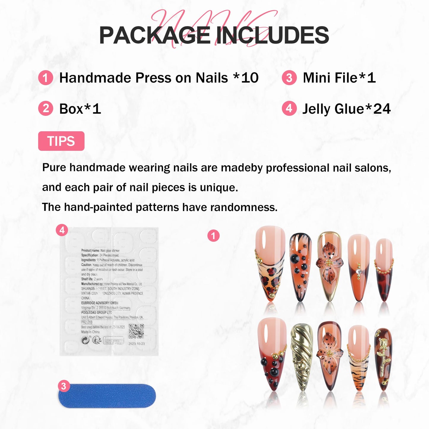 Homsera Handmade Press on Nails - Almond Stiletto Press on Nails with Flower Texture/Rhinestone/Metal Decor Reusable False Nails for Women