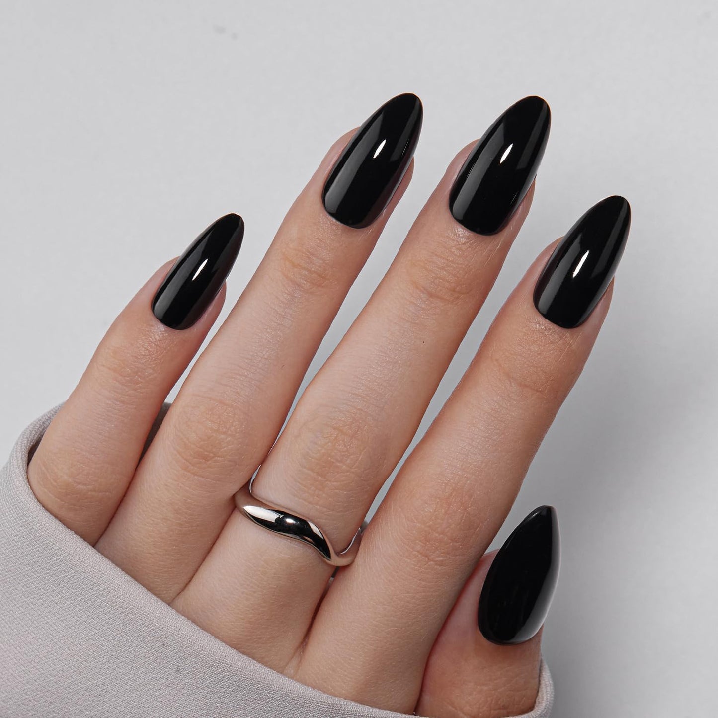 VSALON Almond Press-On Nails - Black Cream Medium Nails & Blue Chrome Cat Eye Nails - 2 Reusable Nail Set (Nourishment & Mini pack)-16 Sizes