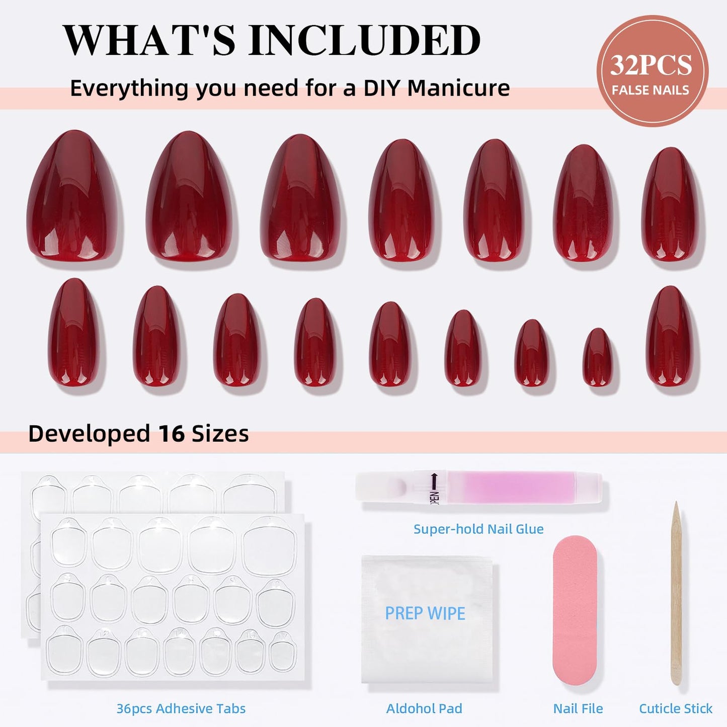Sifvoo Red Cat Eye Press On Nails Short Almond, Glossy Reusable Press On Nails for Women, 32 Count 16 Sizes Nail Kit with Glue (SV-08)