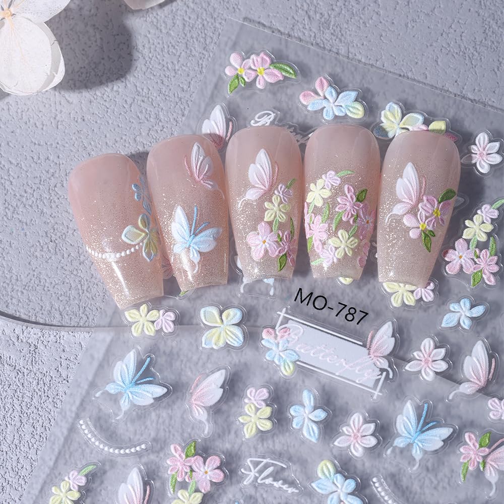 Butterfly Flower Nail Art Stickers Summer Spring 5D Embossed Nail Decals 3PCS Self-Adhesive Exquisite Floral Nail Stickers Flower Nail Art Accessories for Women Acrylic Manicure Nail Decoration DIY