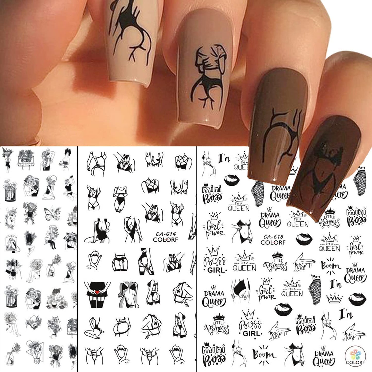 6 Sheets Sexy Girls Nail Stickers and 6 Sheets Cat Nail Stickers