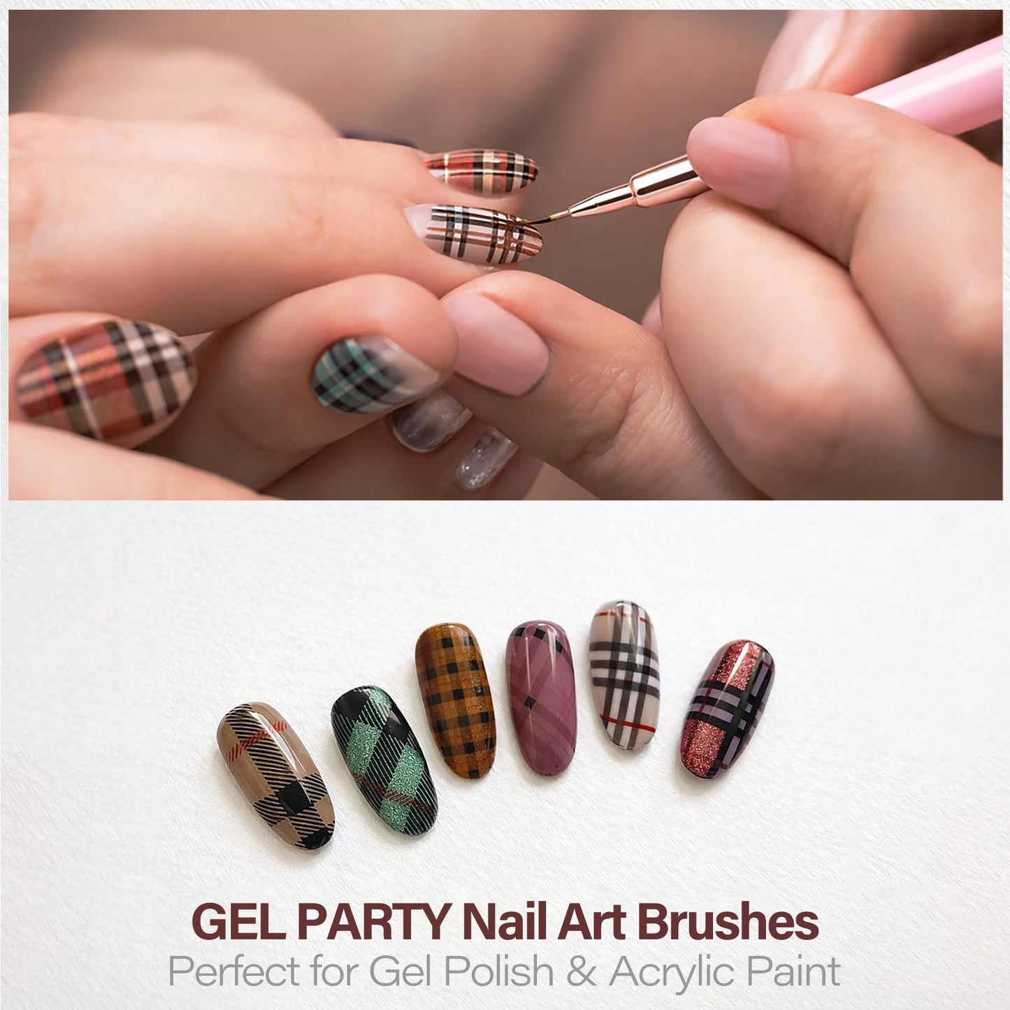 GELPARTY 7Pcs Gold Nail Art Brush Set - Professional Ultra-Fine Liner & Detail Brushes for Gel Polish & Acrylic Nails - Includes Agate Stone Palette & Brush Holder - Manicure Drawing Tool Kit
