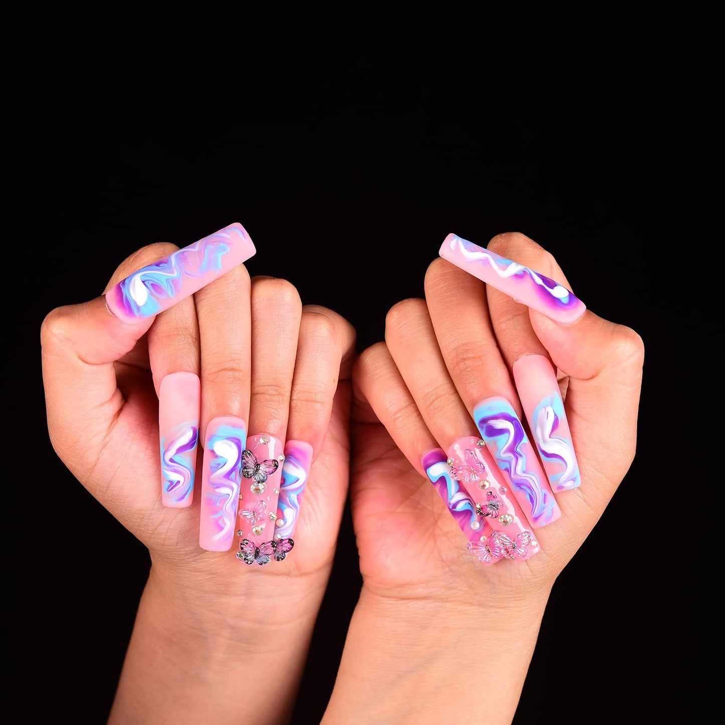 Tmani 10pc/set Long Handmade Press On Nail Hot Girl's Long Ballet Nails Square Nail Full of Diamond Glitter Decoration Fake Nails Suitable For Girls Festival Parties and Birthday Gift (204,L)