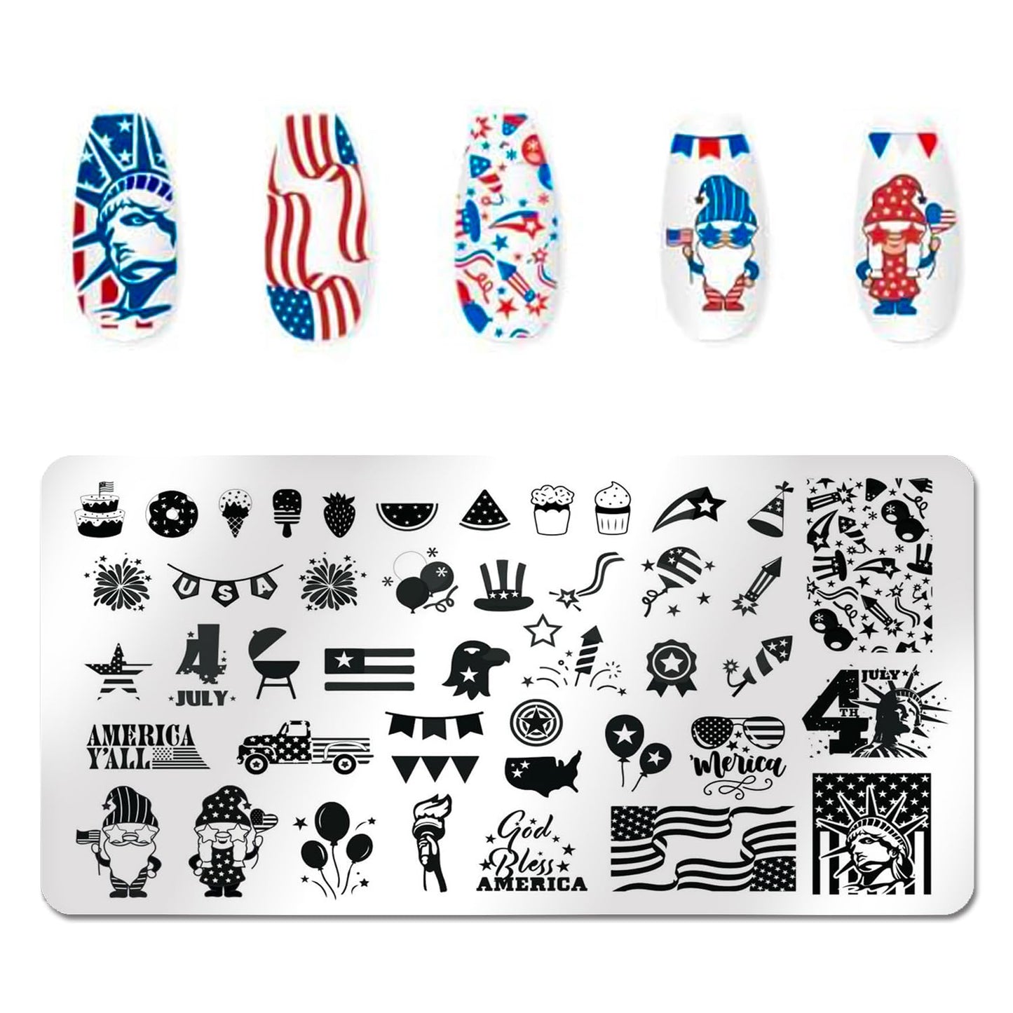 SILPECWEE 6 Pieces 4th of July Nail Stamping Plate Independence Day Nail Stamp Patriotic American Nail Design Stamp Stencils Nail Art Template Nail Art Stamping Kit Tools