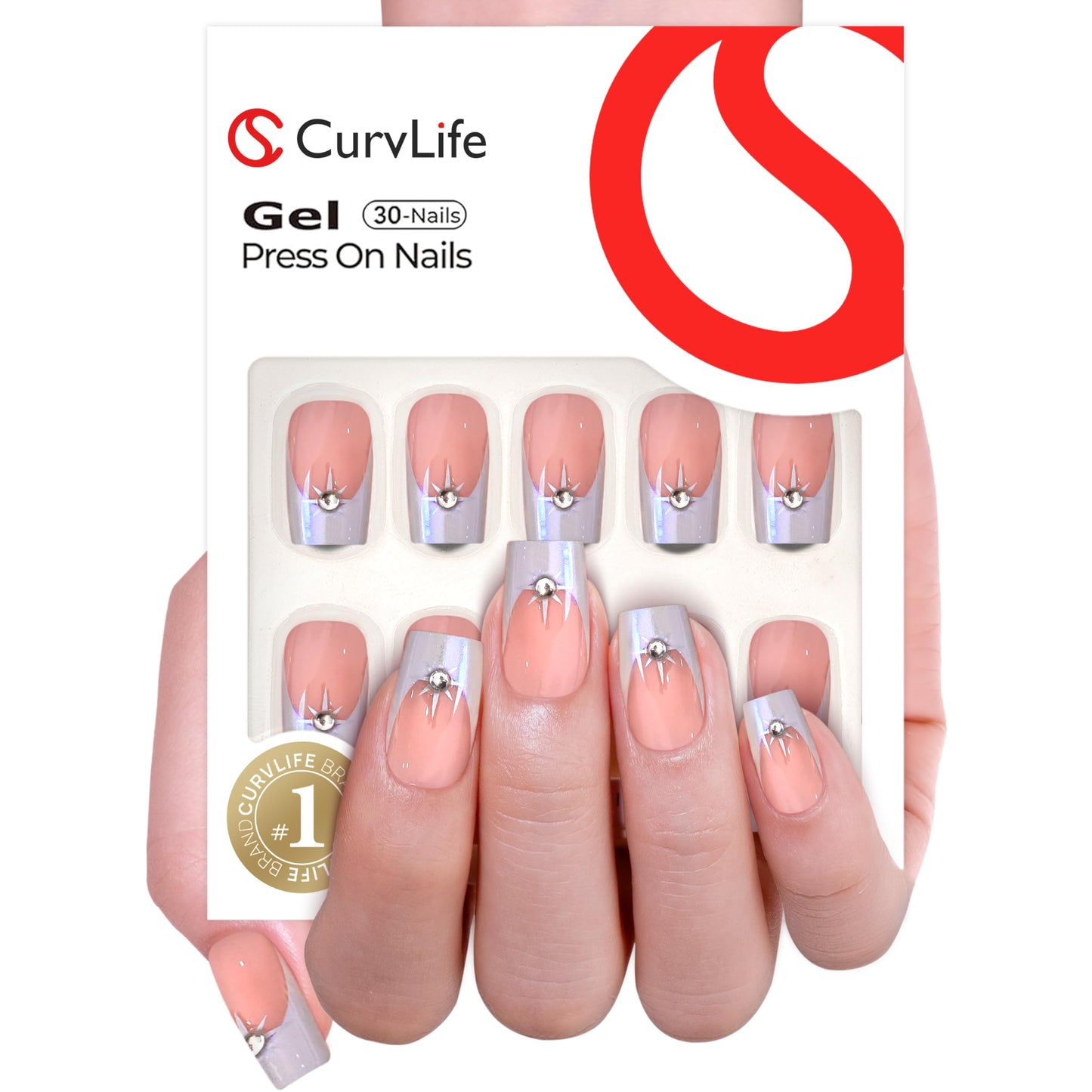 CurvLife Press On Nails – 30PCS Full Cover False Natural Fit Soft Gel Fake Nails Tips, Easy to Apply at Home Glue On False Nails Kit (Pearl French Rhinestones, Long)