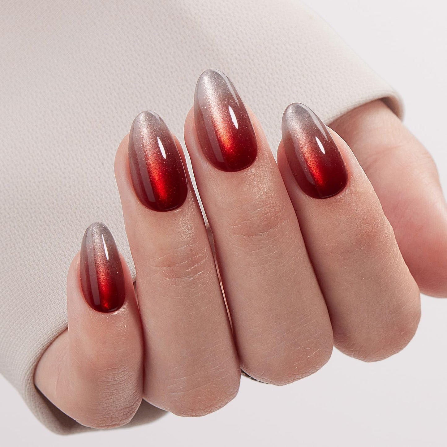 VSALON Press On Nails Short Almond, Cherry Red Cat Eye Spring Glue on Ombre Chrome Fake Nails With UV Cure Glue, Reusable Salon Quality Summer Stick On Nails False Nails Kit, 32 Pcs 16 Sizes