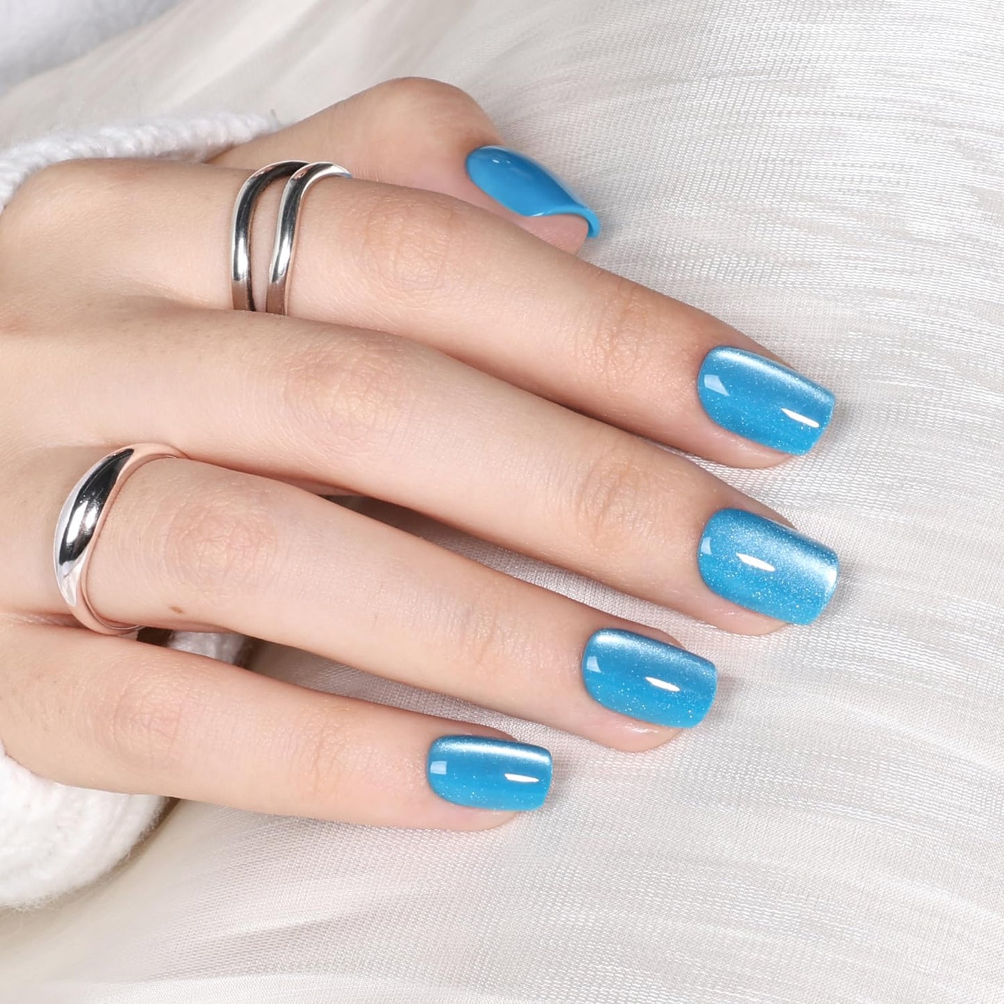 Leefrei Blue Cat Eye Press On Nails - Short Square Press on Nails Ocean Blue Nails Press Ons for Women, Reusable Glossy Fake Nails Kit with Glue DIY Nails Short in 15 Sizes - 30pcs, Ocean Teal