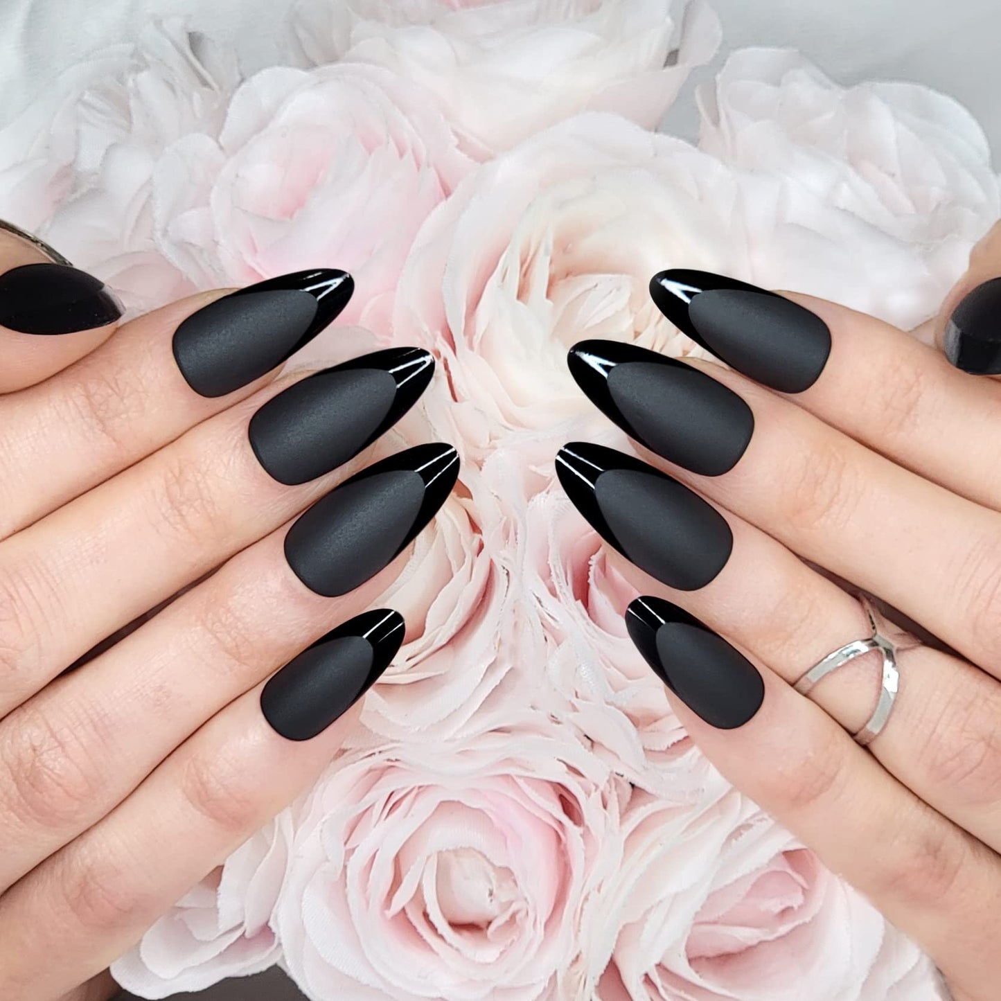Hypnaughty Press On Nails - Caviar Black Almond & Noir Matte Black Coffin, Trendy & Salon Quality Reusable Nails With Kit