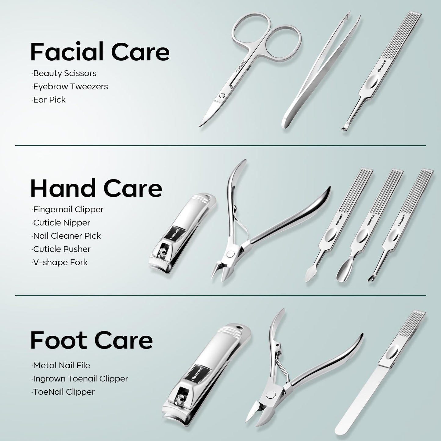 FAMILIFE Nail Kit, Professional Manicure Set Manicure Kit, 11 in 1 Stainless Steel Nail Clippers Set Pedicure Tools, Men Grooming Tool with Portable Blue Leather Travel Case Luxury Gifts for Him