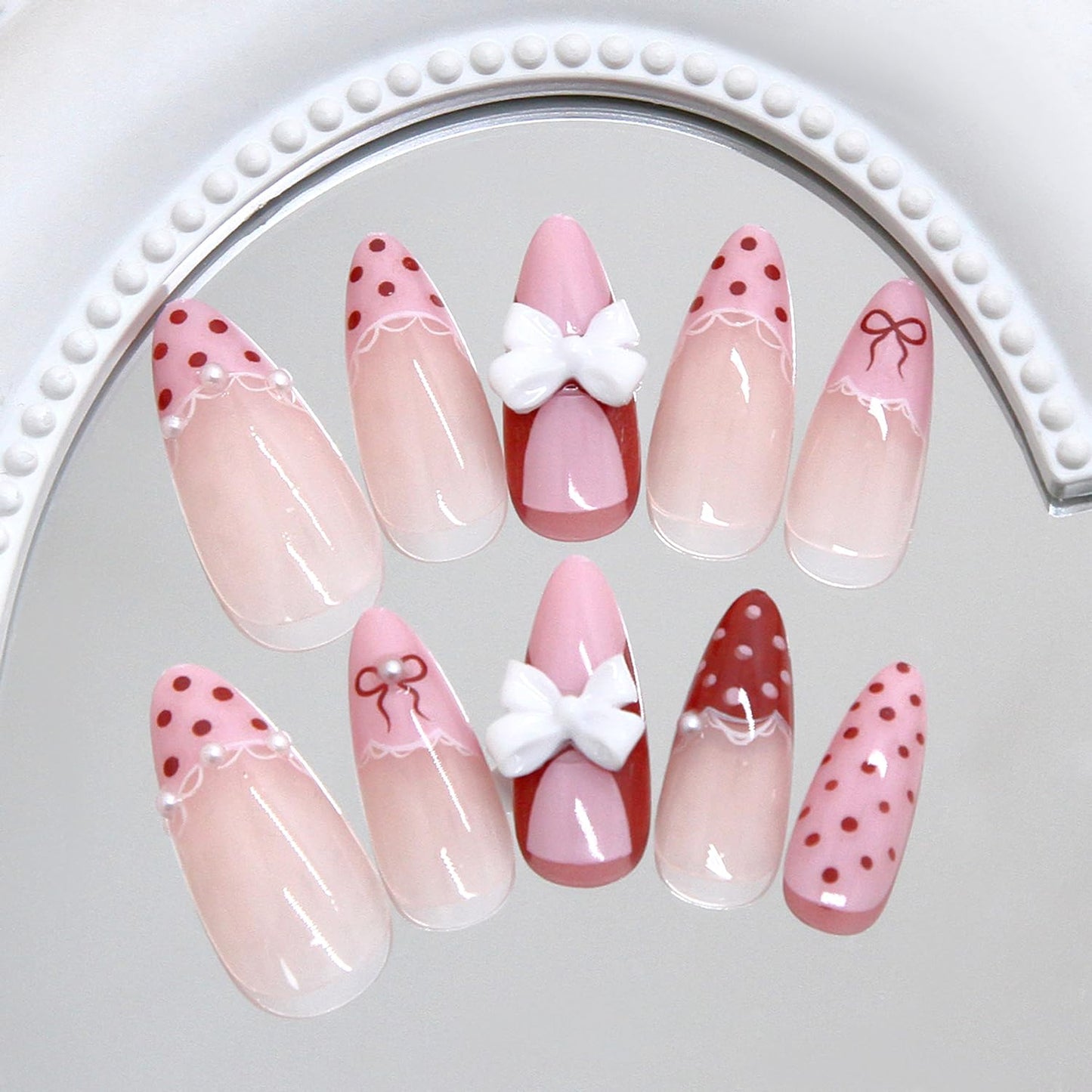 24Pcs Pink French Press on Nails Medium Almond Fake Nails Polka Dot, French Lace, Bow, Pearls Design French Nails 3D Cute Bows Press on Stick on Nails for Women Daily Wear DIY Nails