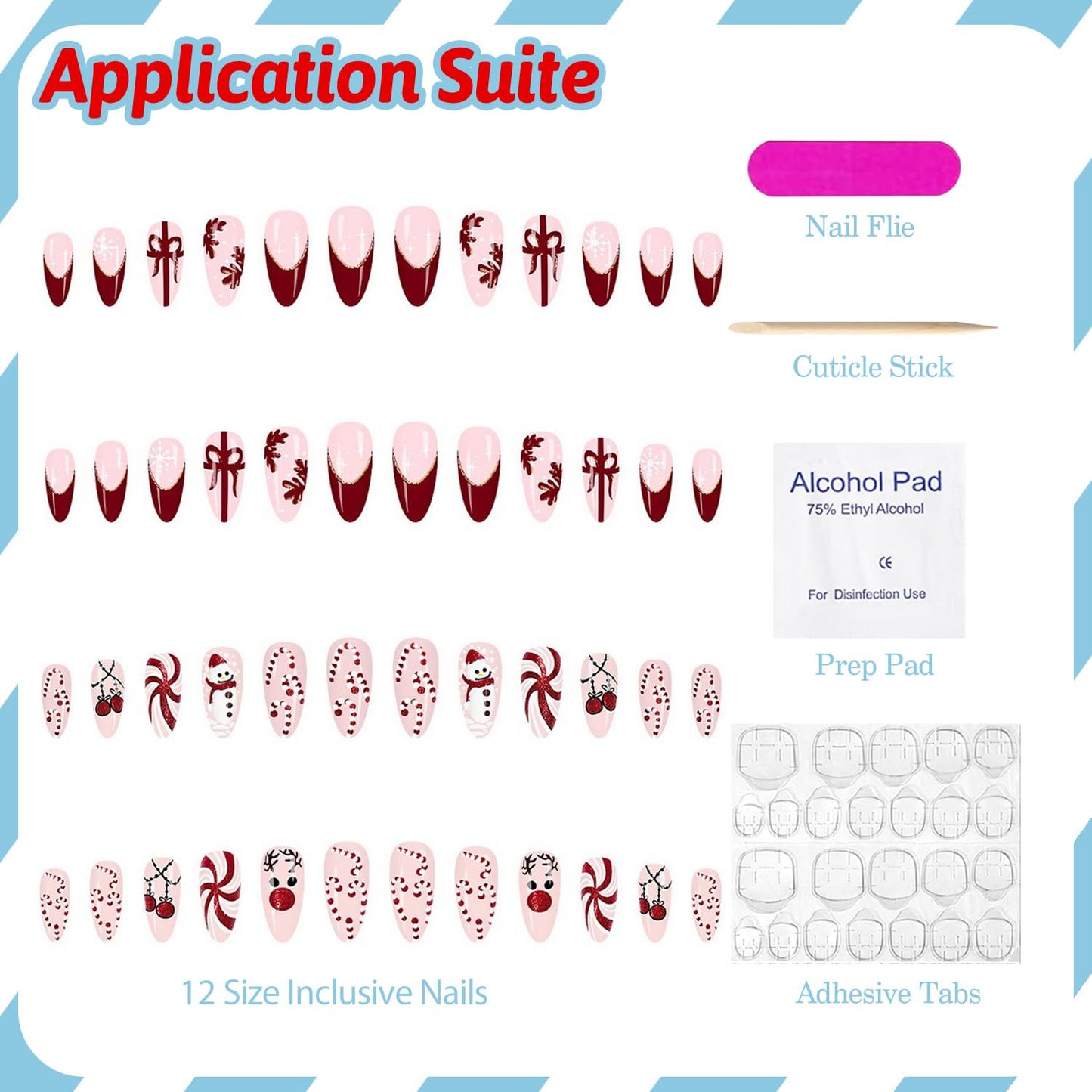 Christmas Press on Nails Kit 48 Pcs Medium Almond Fake Nails 2 Style Red French Tip False Nails with Snowflake Bow Snowman Cane Candy Designs Glossy Glue on Nail Winter Acrylic Nails for Women Girls
