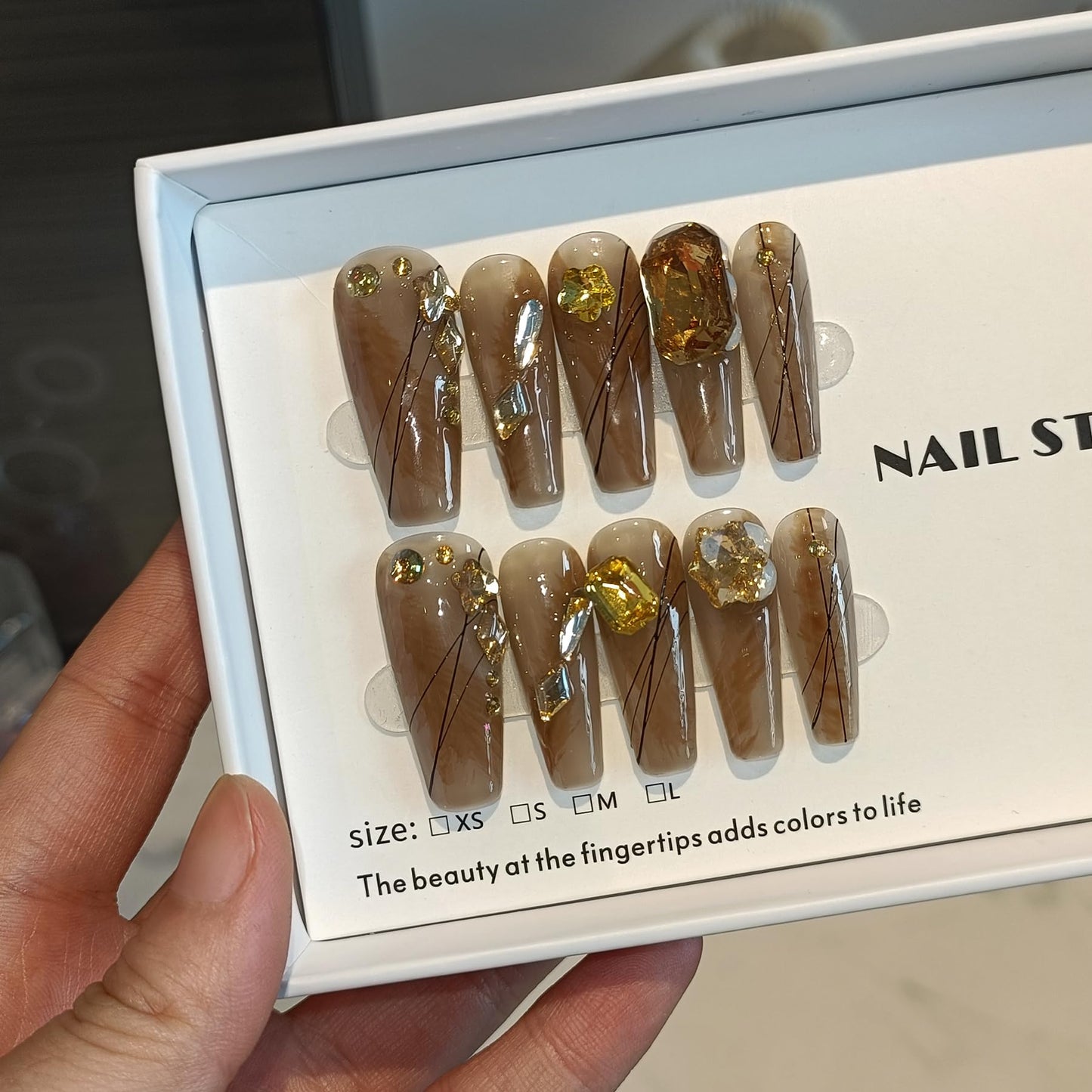 TENPAL 10PCS Long Coffin Press on Nails with Tools Kit - Autumn Woodland Hand-Painted Design Fake Nails | Rustic Brown Gold Leaf & Crystal Glue on Nails | Long Fall Nails for Sweater Weather(XS)