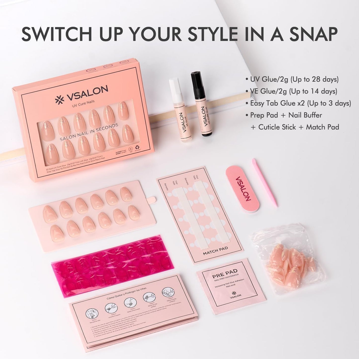 Press-On Nails - Short Almond French Tip Nude Pink Fake Nails, 32 PCS in 16 Sizes, Reusable Nail Kit with Long-Lasting UV Glue, Adhesive Tabs, Nail Glue & Nail Glue