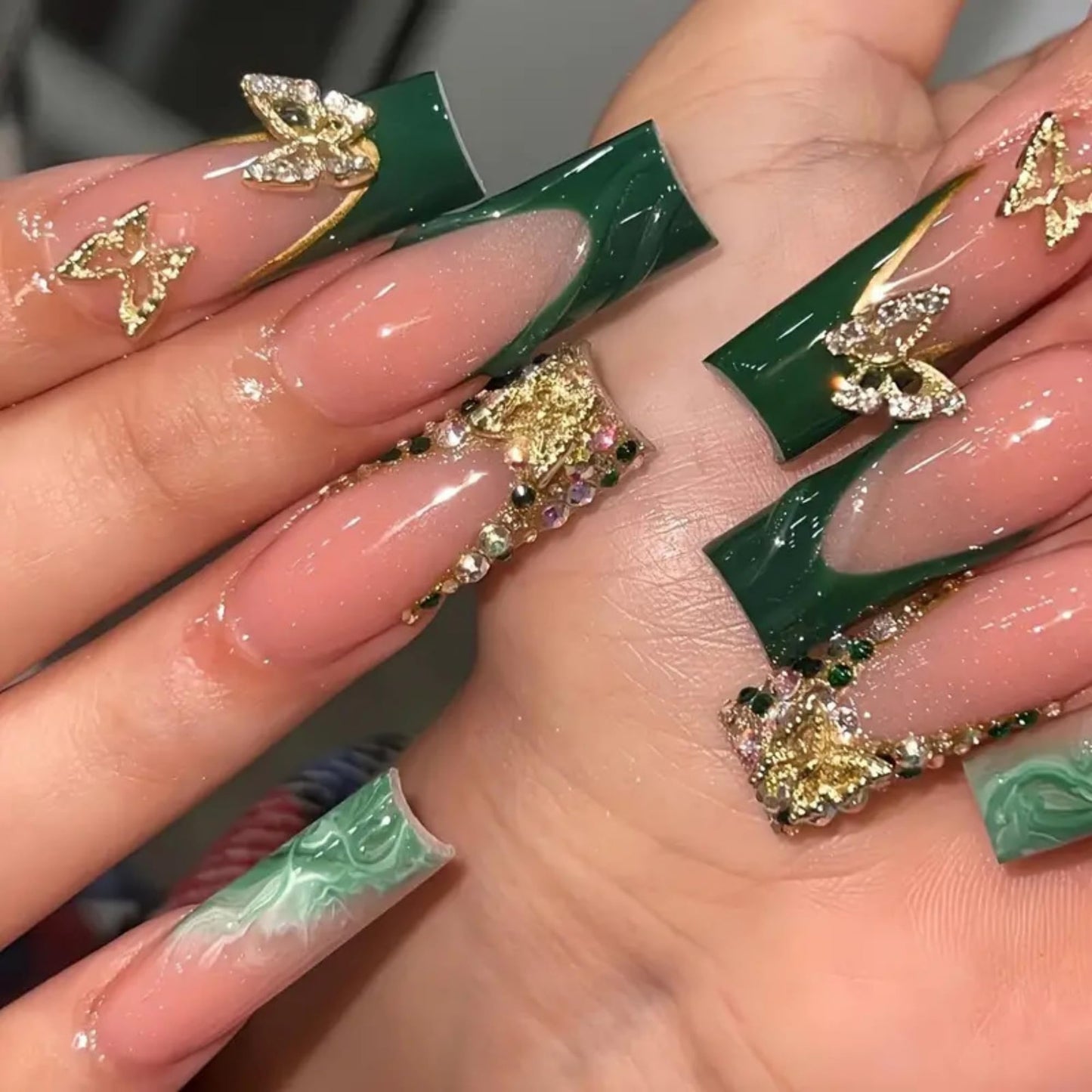 Press on Nails Long Square Green SEENEEY Stick on Nail 24pcs