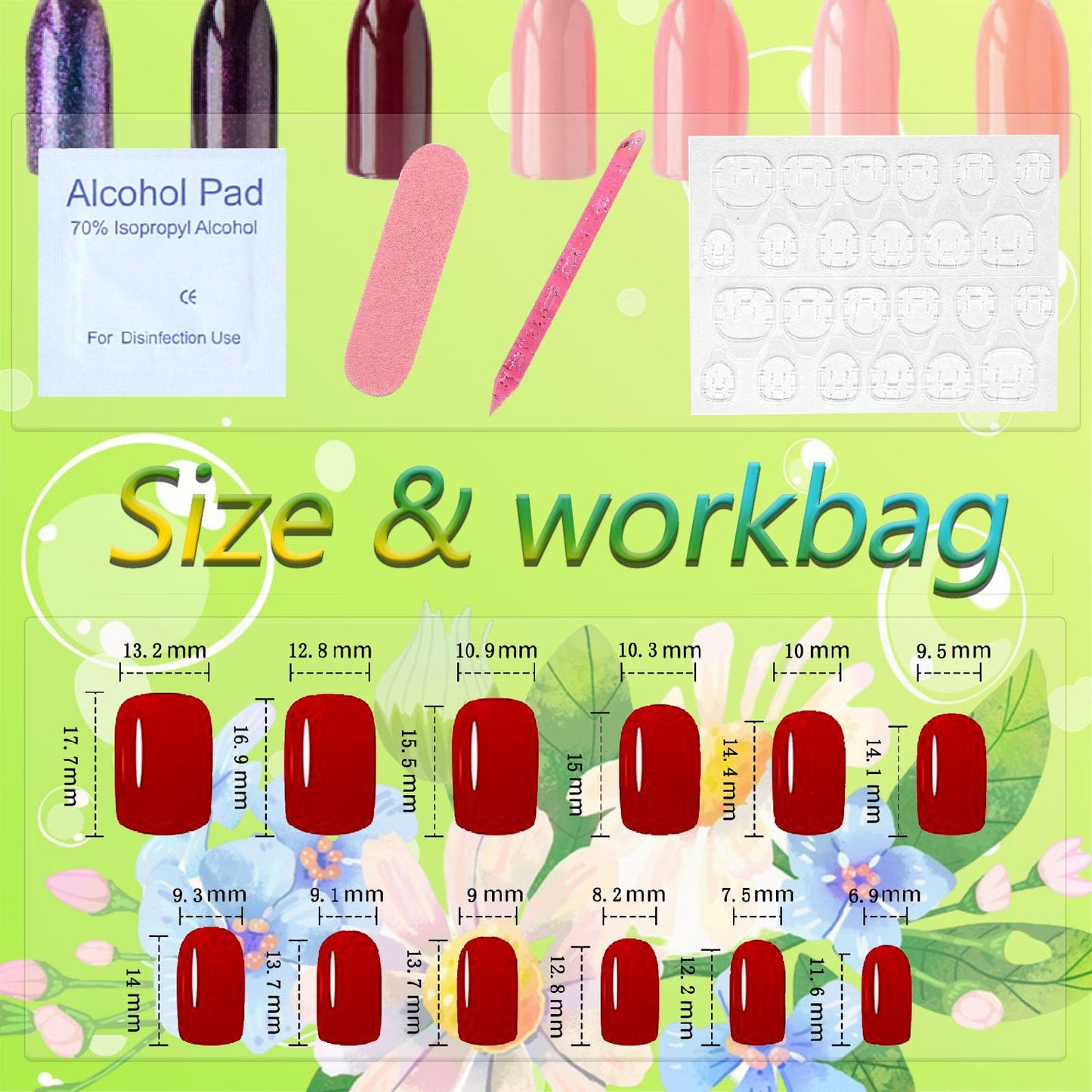 Women Press on Nails Square Short Nail Press ons Red Fake Nails Artificisl Manicure 24Pcs Light Pink Glue on Nails with Flower Lines Designs Glossy Acrylic Stick on Nails