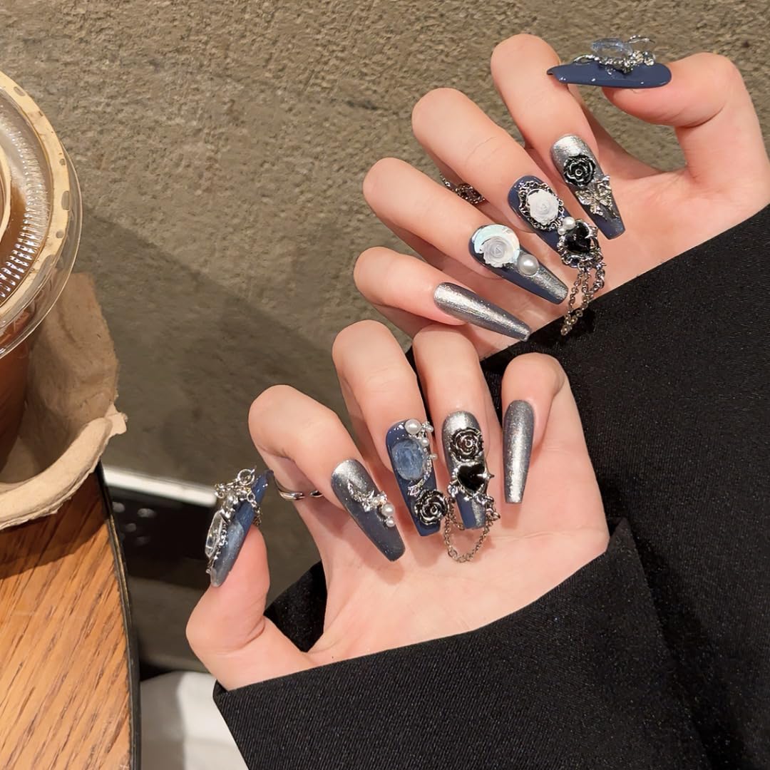 Handmade Press on Nails Blue Square Style with Luxury Moon Flower Pearl and Heart Gem Decor Acrylic Nails Press on Handmade Nails Punk Press On Nails(L)
